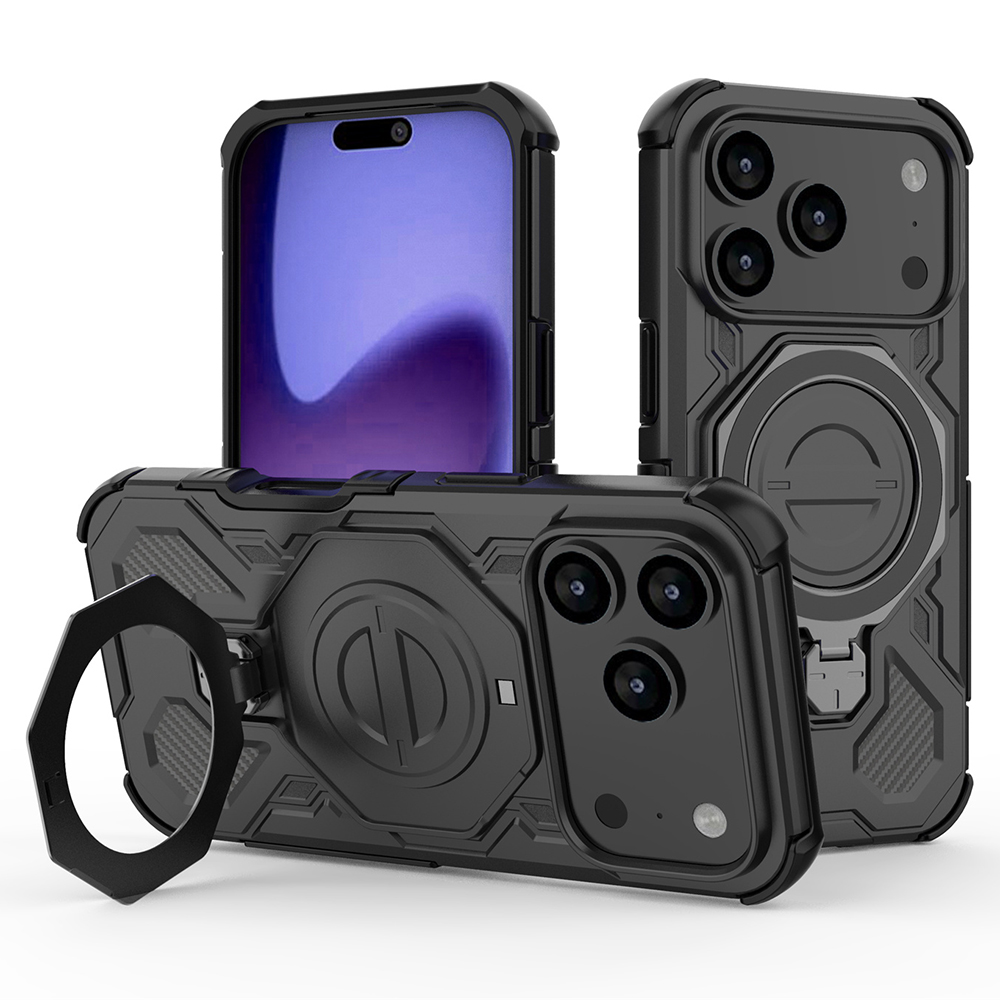 For iPhone 17 Pro Magnetic Case Rotating Metal Kickstand Shockproof PC + TPU Phone Back Cover - Black