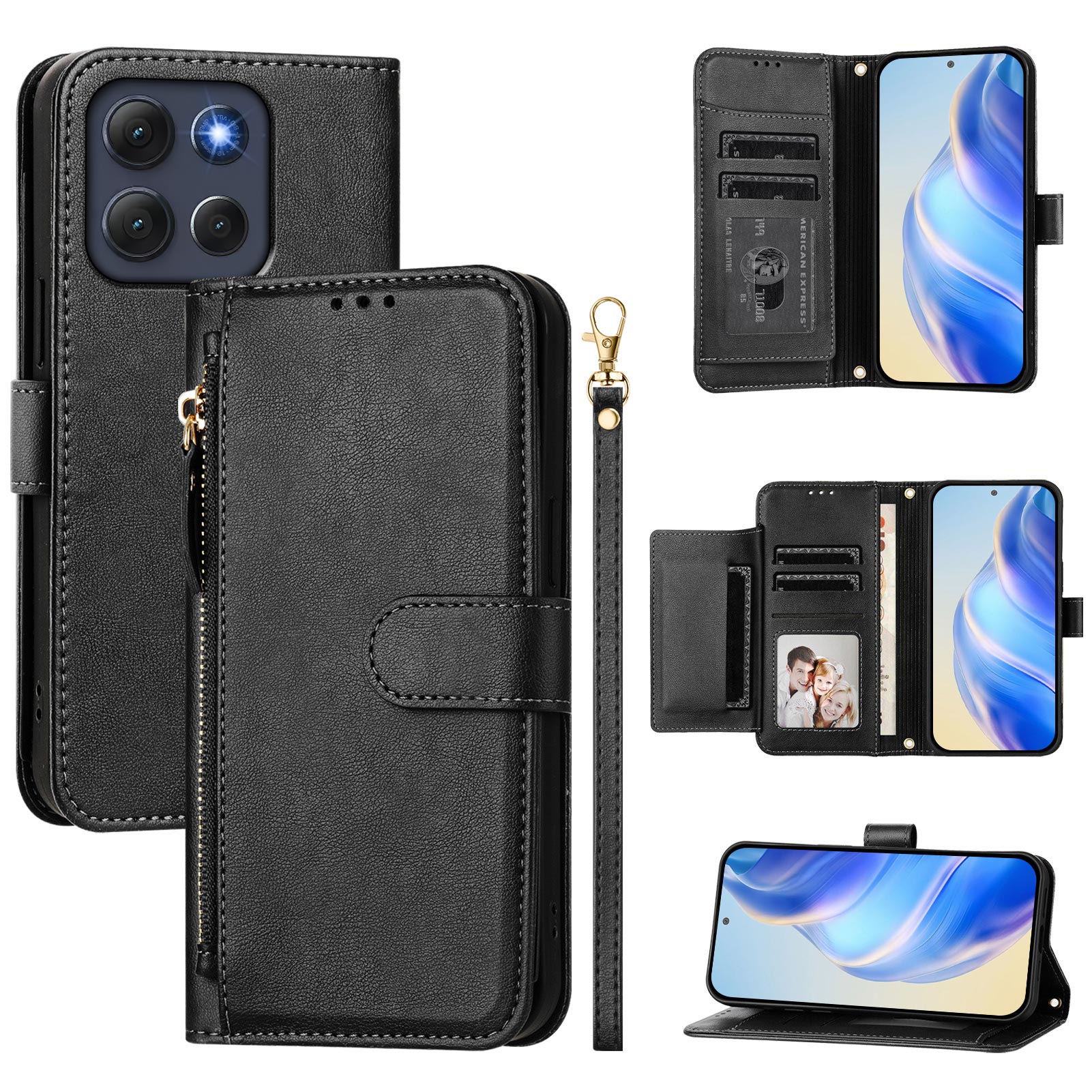 For Motorola Moto G86 5G Case Zipper Pocket Multiple Card Slots Leather Phone Cover - Black