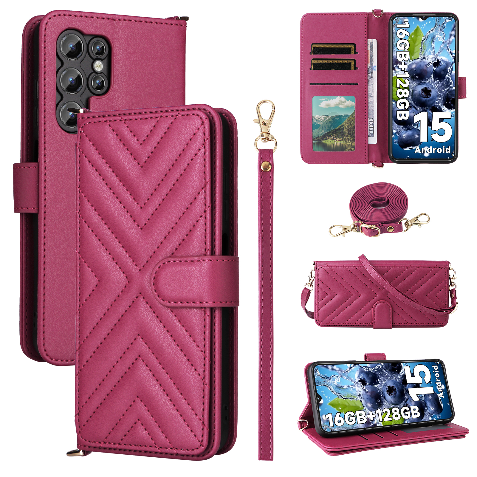 For Oukitel C1 / C1 Pro Case with Shoulder / Wrist Strap Leather Phone Cover Stand Wallet - Rose