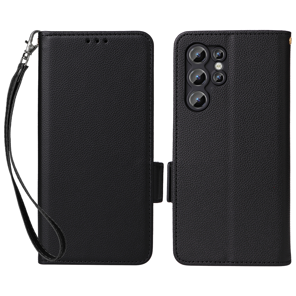For Oukitel C1 / C1 Pro Case with Wrist Strap Litchi Texture PU Leather Wallet Phone Cover - Black