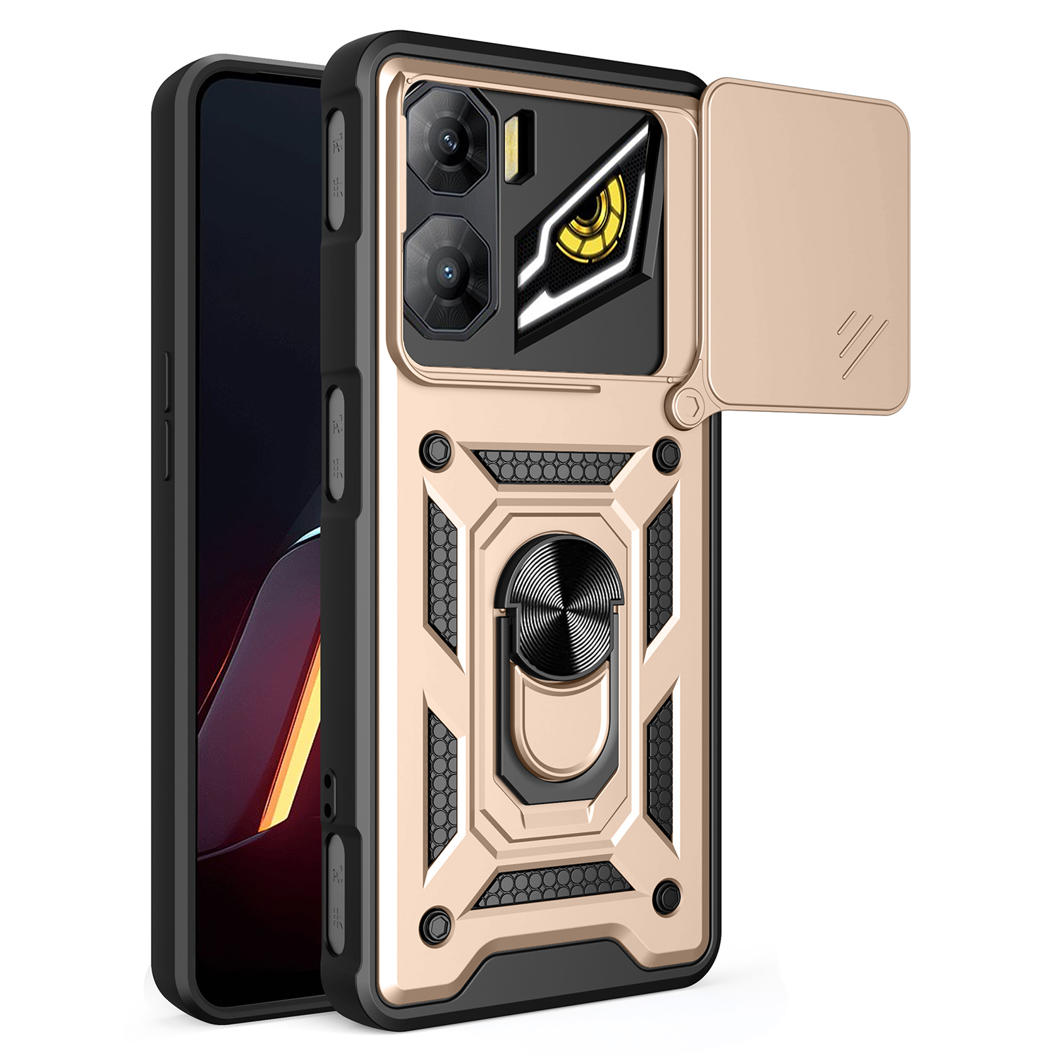 For ZTE nubia Neo 3 5G Case with Slide Camera Lid PC + TPU Kickstand Phone Cover - Gold