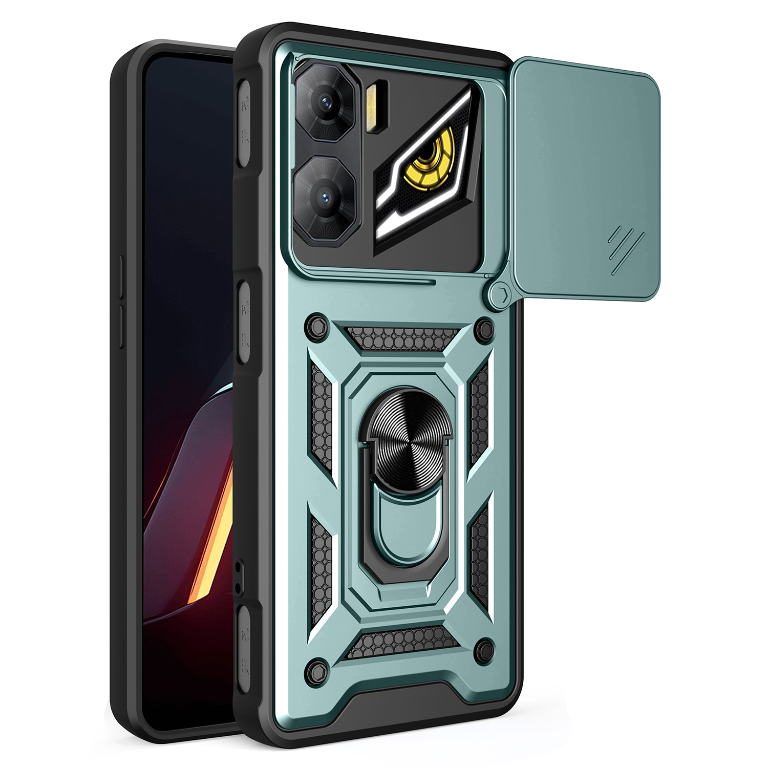For ZTE nubia Neo 3 5G Case with Slide Camera Lid PC + TPU Kickstand Phone Cover - Green