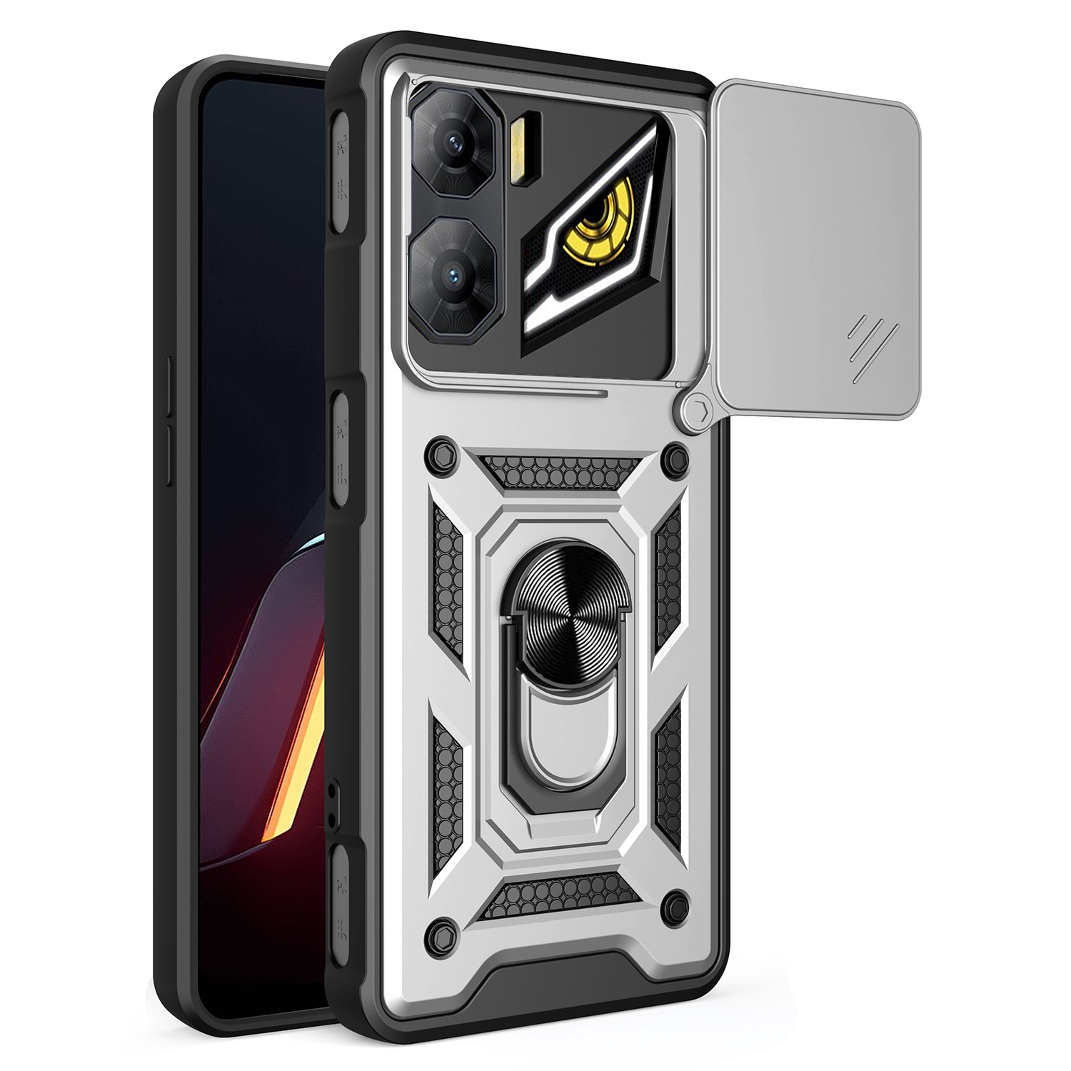 For ZTE nubia Neo 3 5G Case with Slide Camera Lid PC + TPU Kickstand Phone Cover - Silver