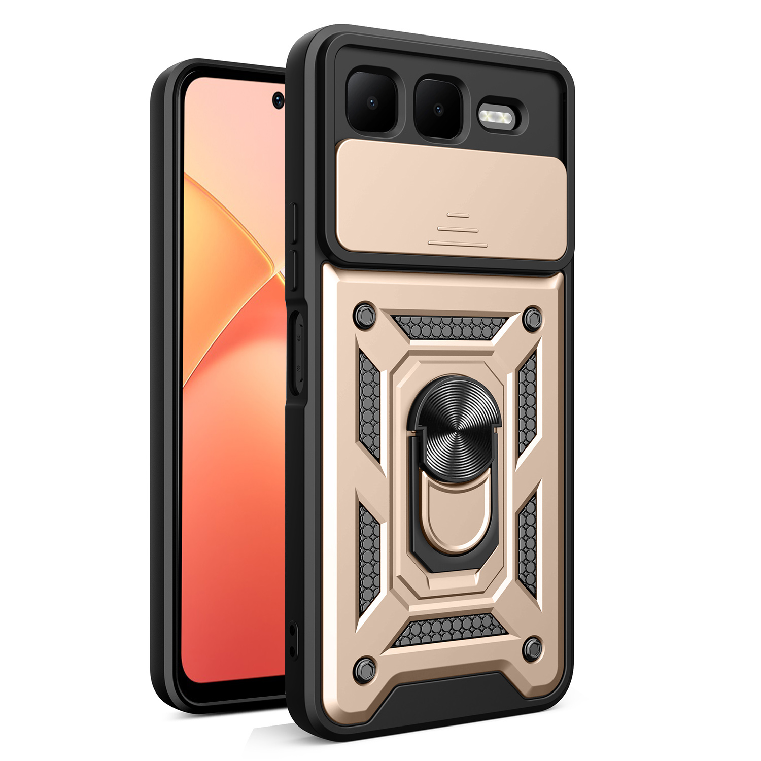 For Infinix Smart 10 Plus Case with Slide Camera Lid PC + TPU Kickstand Phone Cover - Gold