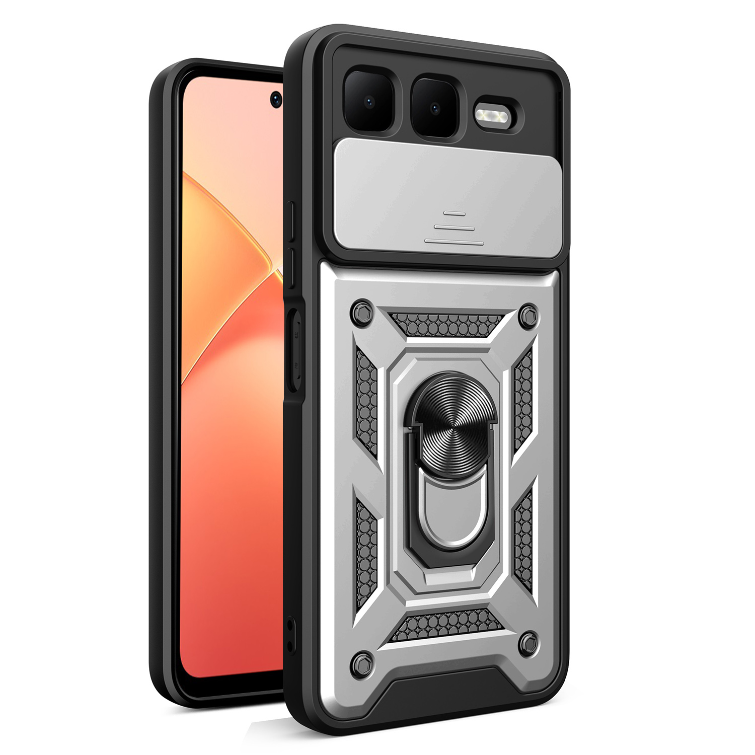 For Infinix Smart 10 Plus Case with Slide Camera Lid PC + TPU Kickstand Phone Cover - Silver