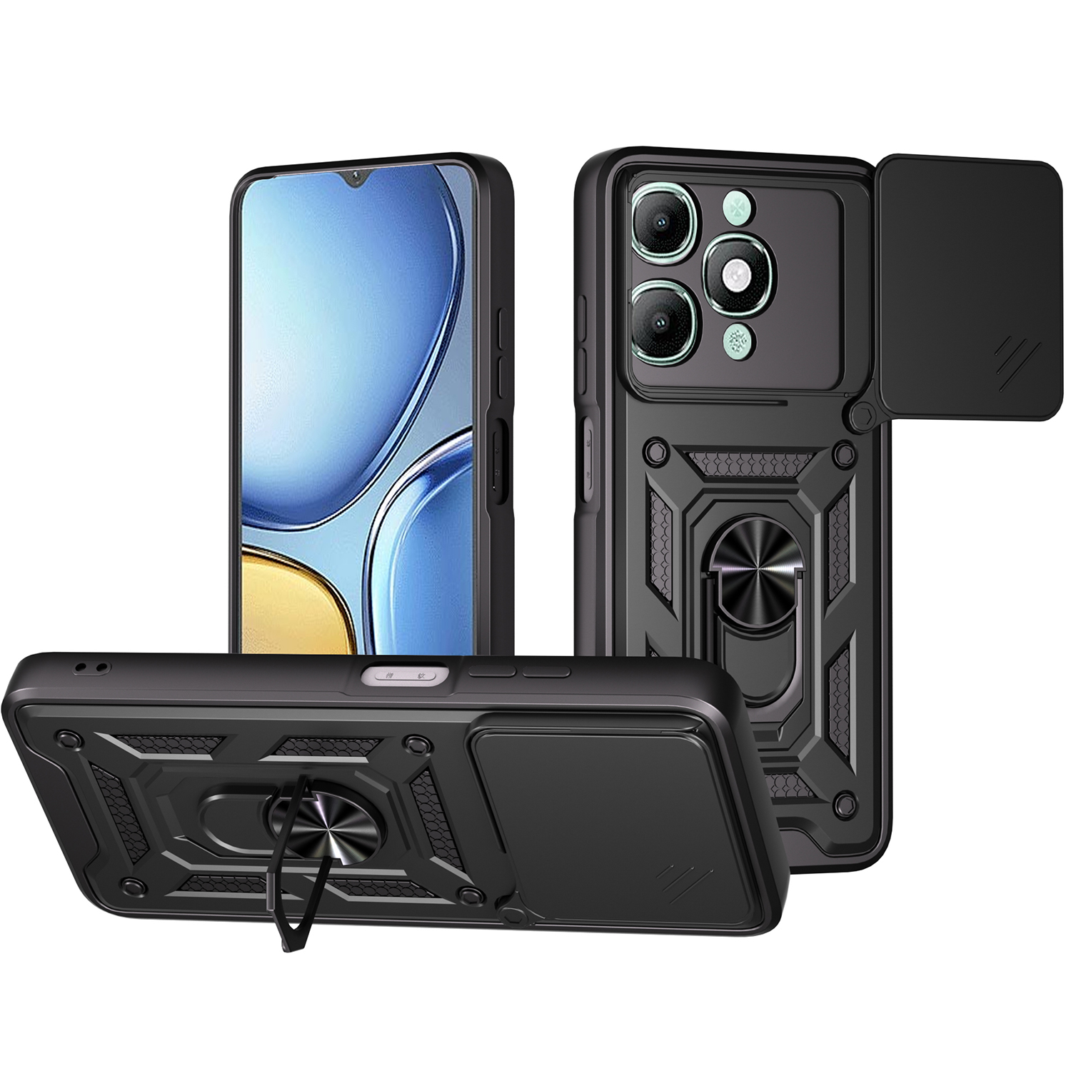 For itel A90 4G Case with Slide Camera Lid PC + TPU Kickstand Phone Cover - Black