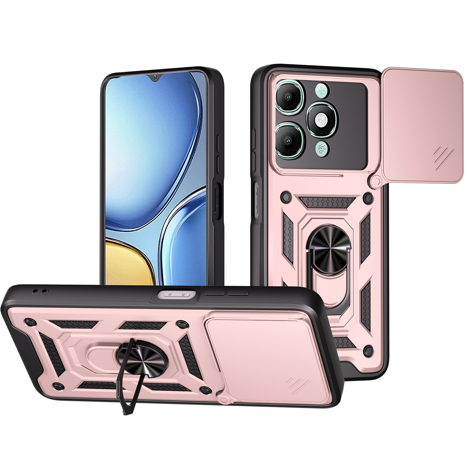 For itel A90 4G Case with Slide Camera Lid PC + TPU Kickstand Phone Cover - Rose Gold