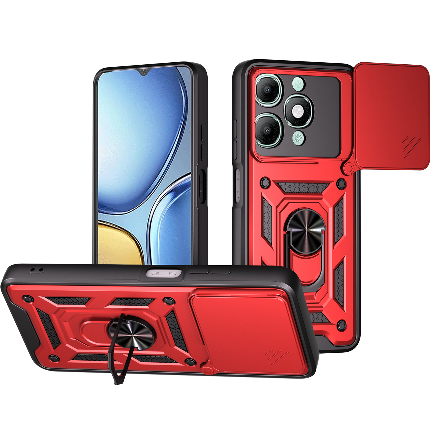 For itel A90 4G Case with Slide Camera Lid PC + TPU Kickstand Phone Cover - Red