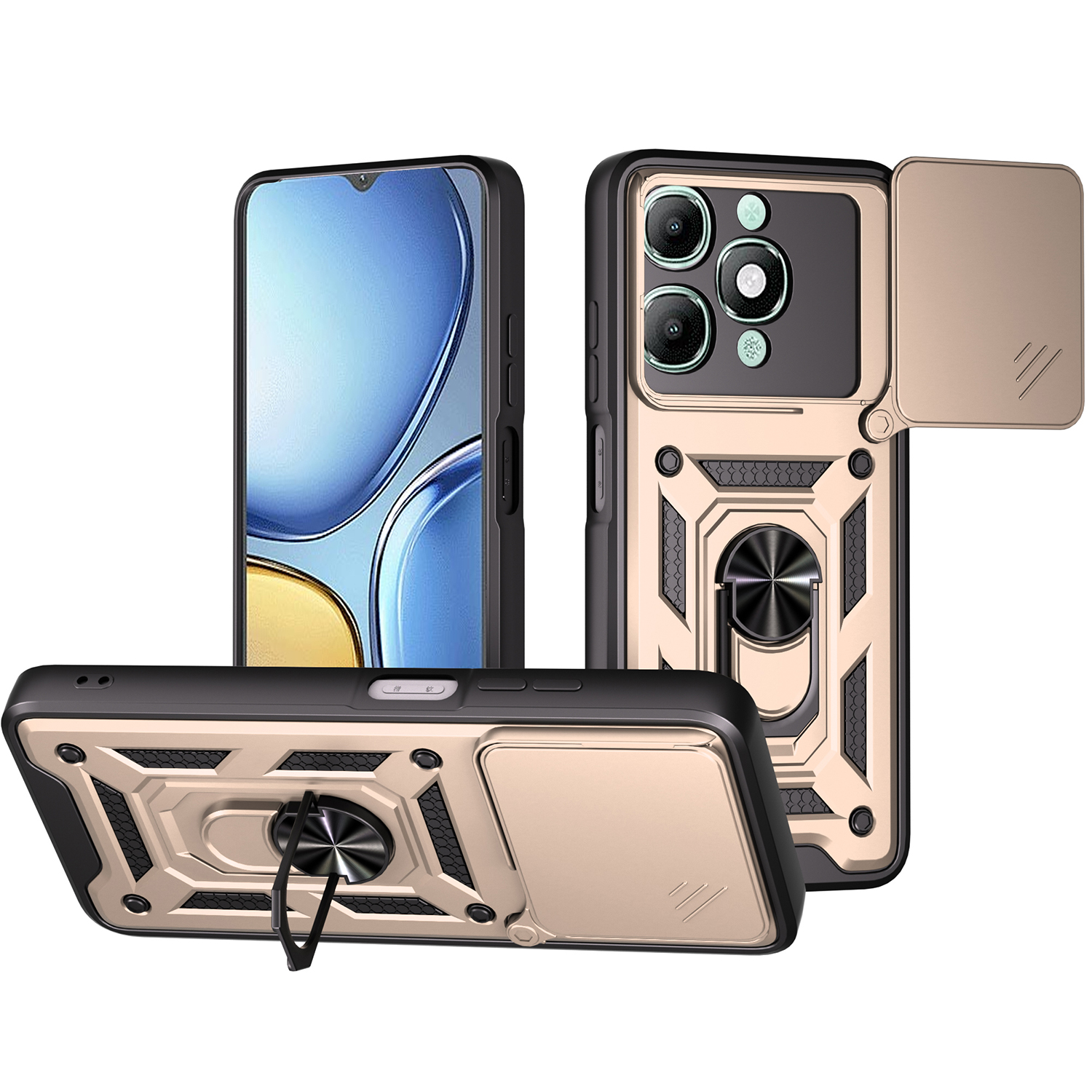 For itel A90 4G Case with Slide Camera Lid PC + TPU Kickstand Phone Cover - Gold
