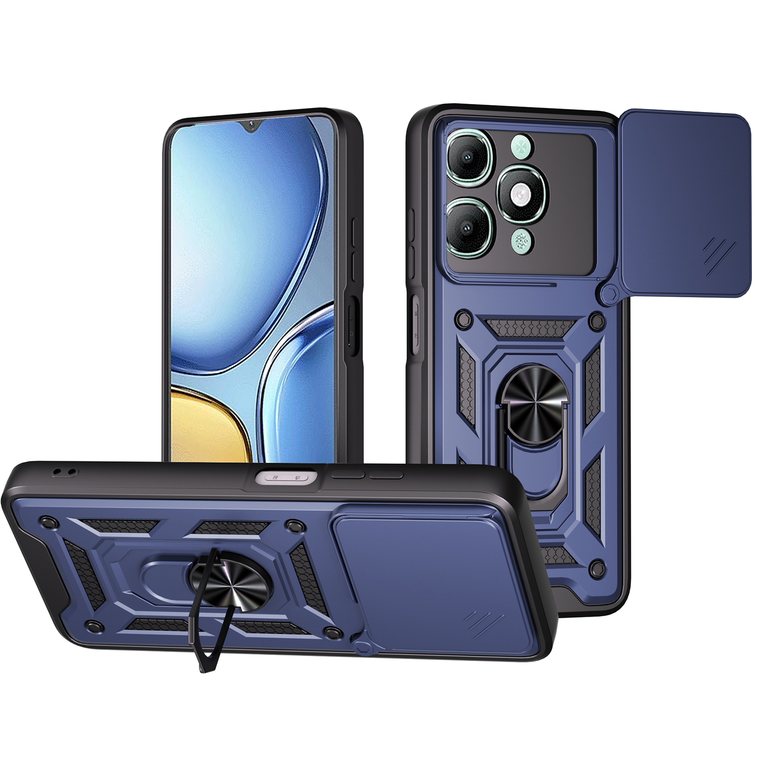 For itel A90 4G Case with Slide Camera Lid PC + TPU Kickstand Phone Cover - Blue