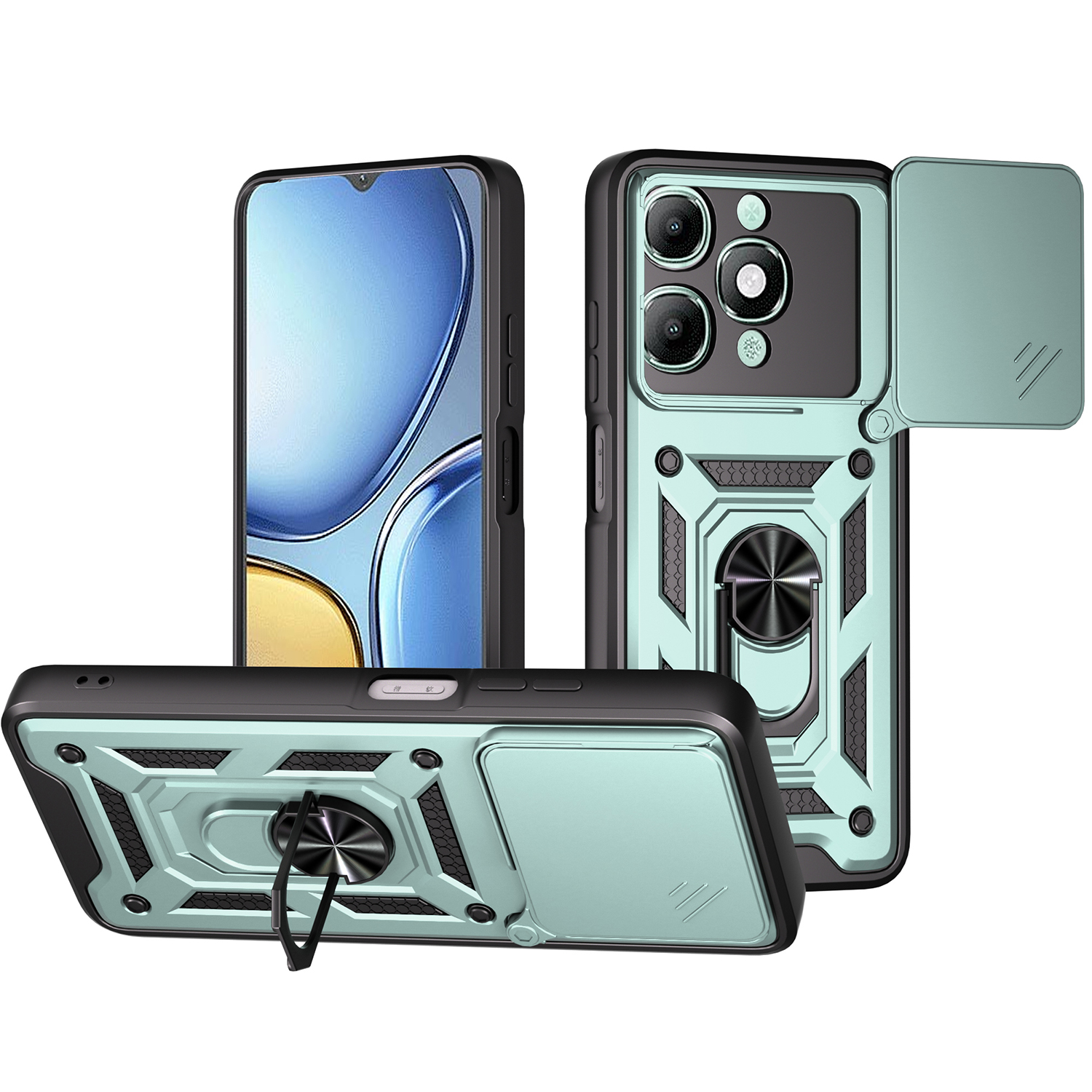 For itel A90 4G Case with Slide Camera Lid PC + TPU Kickstand Phone Cover - Green