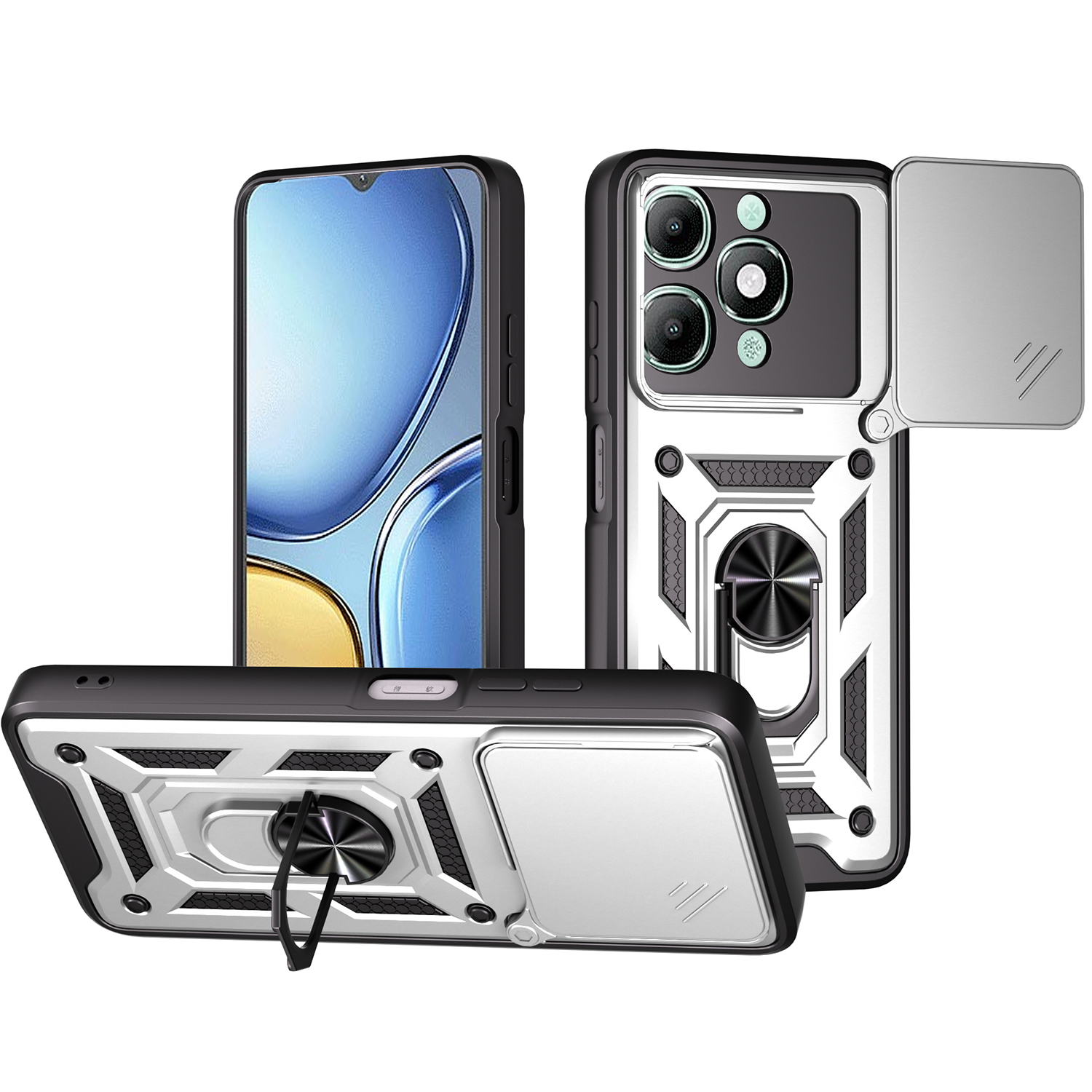 For itel A90 4G Case with Slide Camera Lid PC + TPU Kickstand Phone Cover - Silver