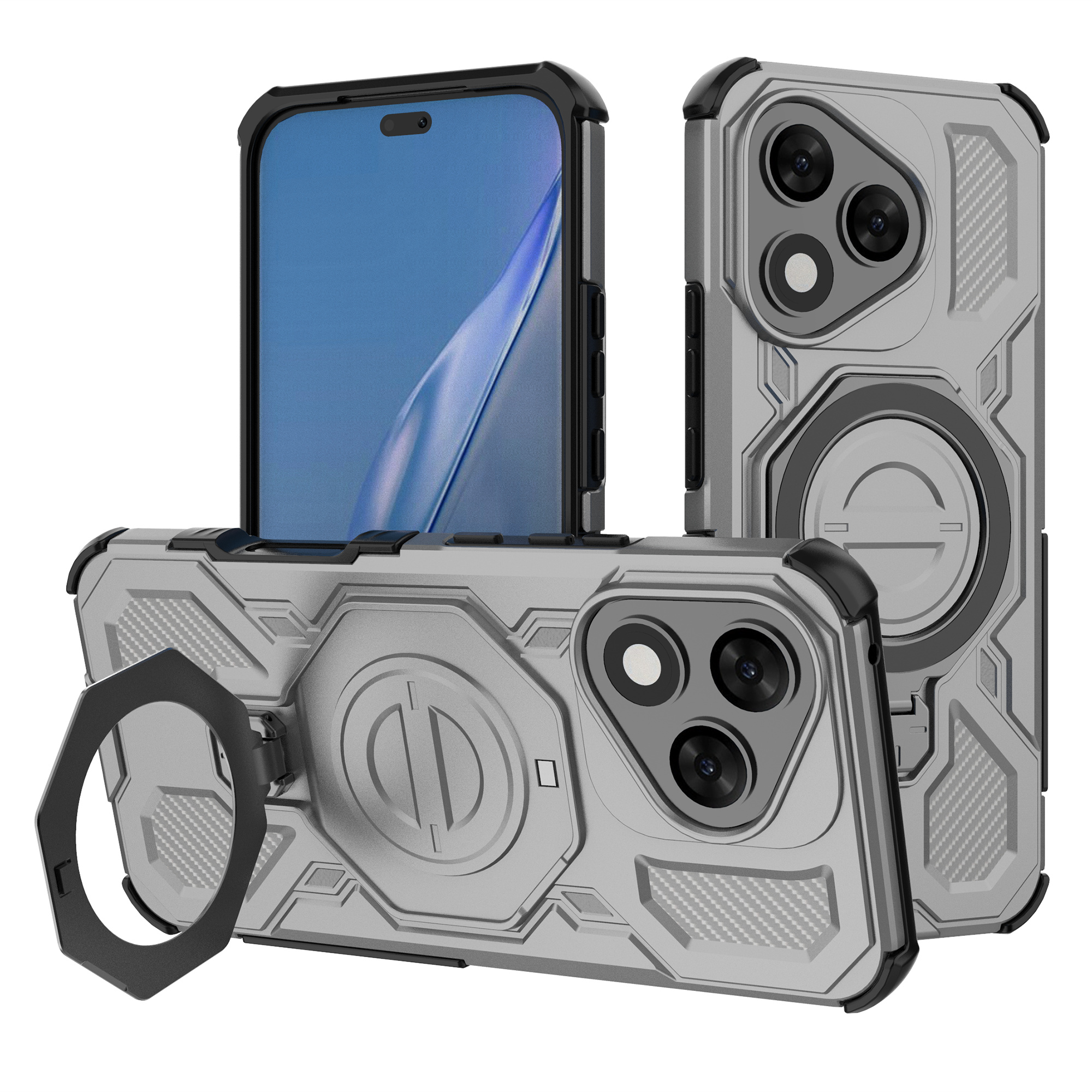 For Honor 400 Lite 5G Magnetic Case Rotating Metal Kickstand Shockproof PC + TPU Phone Back Cover - Grey