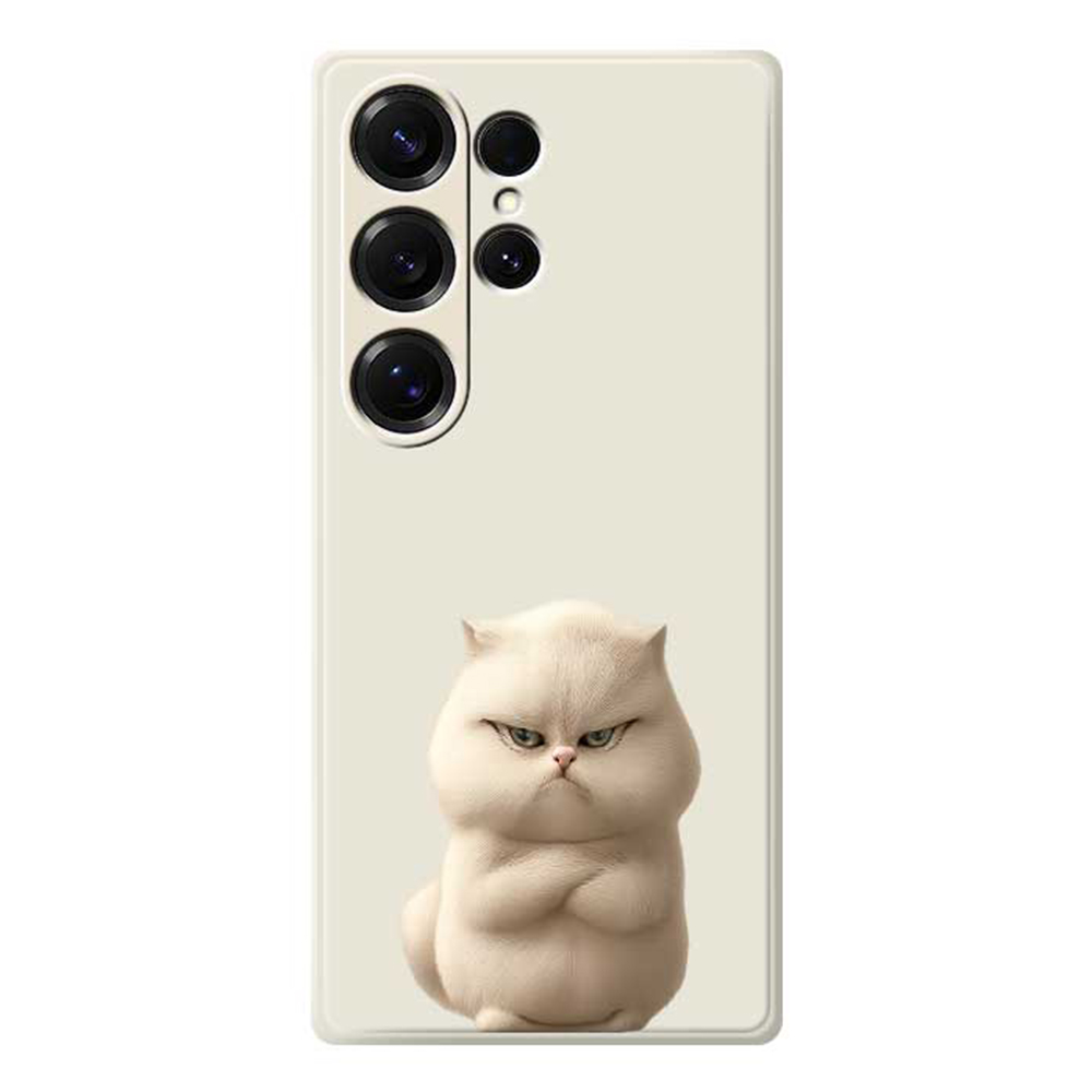 For Samsung Galaxy S25 Ultra Case Angry Cat Pattern Printing Straight Edge TPU Phone Back Cover - Beige