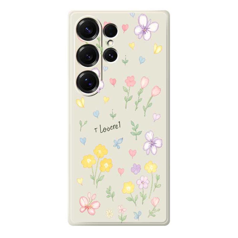 For Samsung Galaxy S25 Ultra Case Small Flowers Pattern Printing Straight Edge TPU Phone Back Cover - Beige