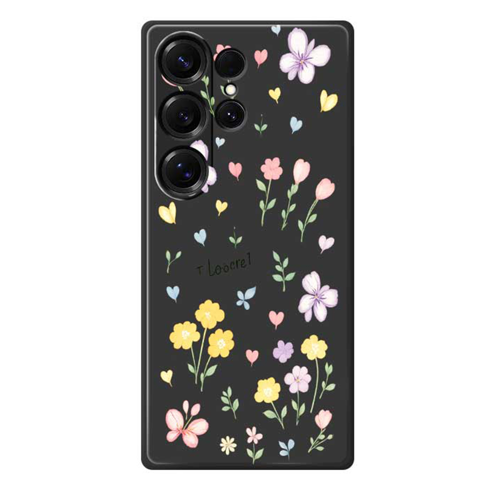 For Samsung Galaxy S25 Ultra Case Small Flowers Pattern Printing Straight Edge TPU Phone Back Cover - Black