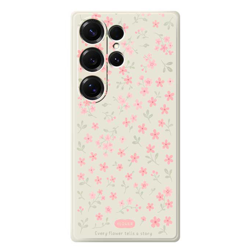 For Samsung Galaxy S25 Ultra Case Pink Small Flowers Pattern Printing Straight Edge TPU Phone Back Cover - Beige