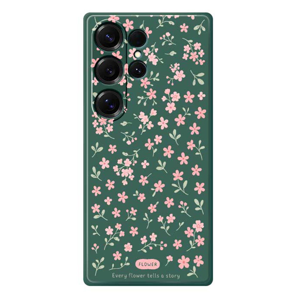 For Samsung Galaxy S25 Ultra Case Pink Small Flowers Pattern Printing Straight Edge TPU Phone Back Cover - Green