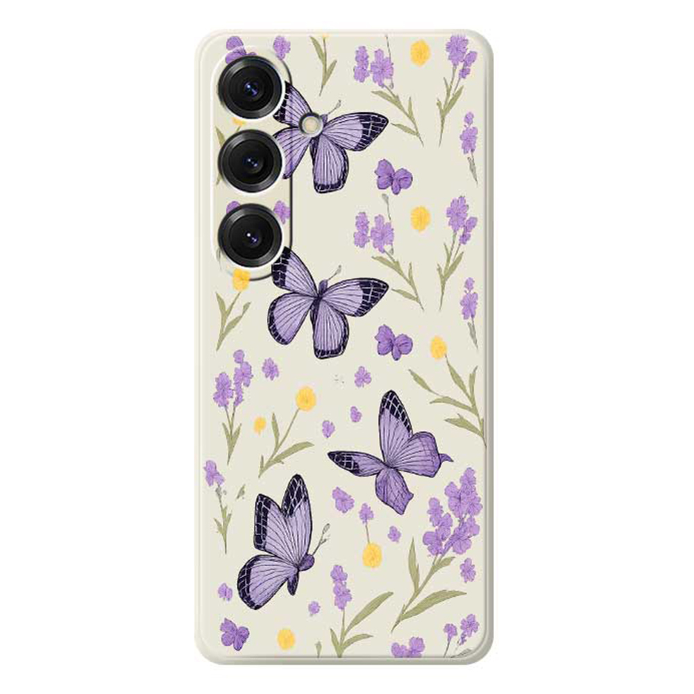 For Samsung Galaxy S25 Case Purple Butterflies Pattern Printing Straight Edge TPU Phone Back Cover - Beige