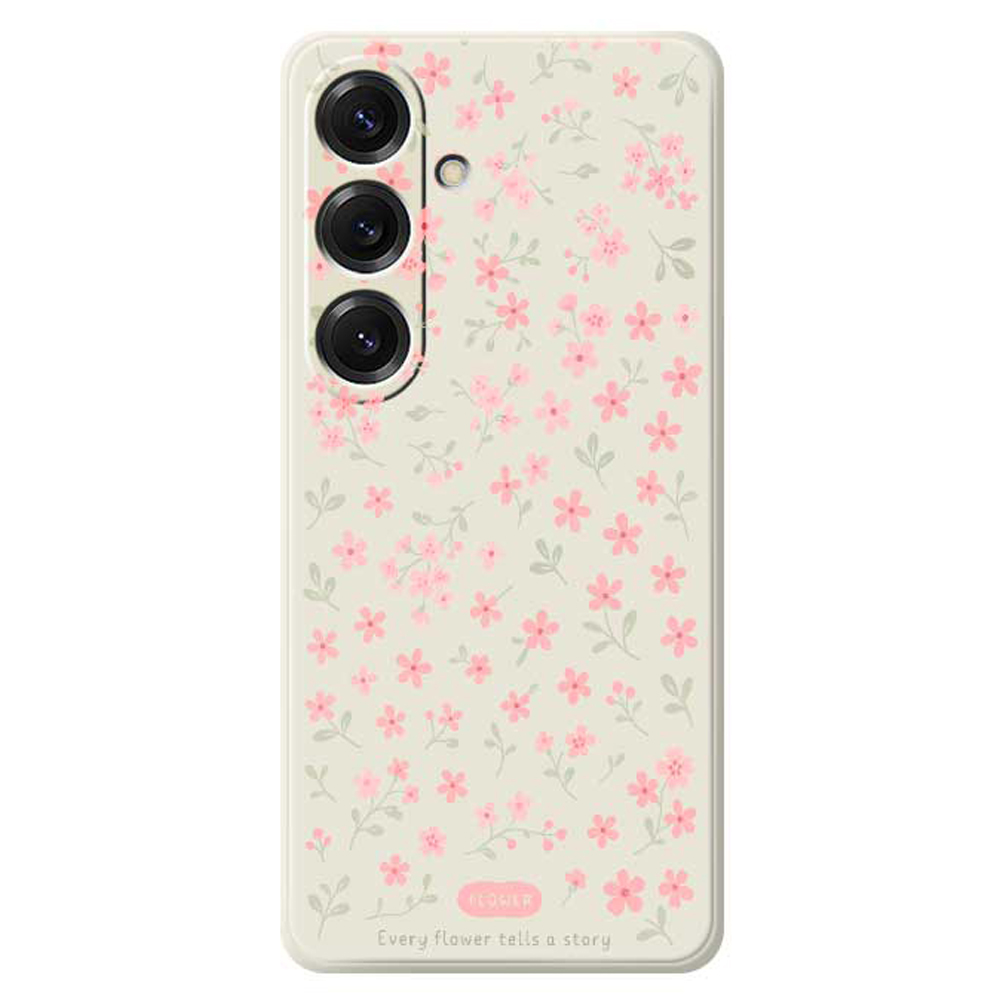 For Samsung Galaxy S25 Case Pink Small Flowers Pattern Printing Straight Edge TPU Phone Back Cover - Beige