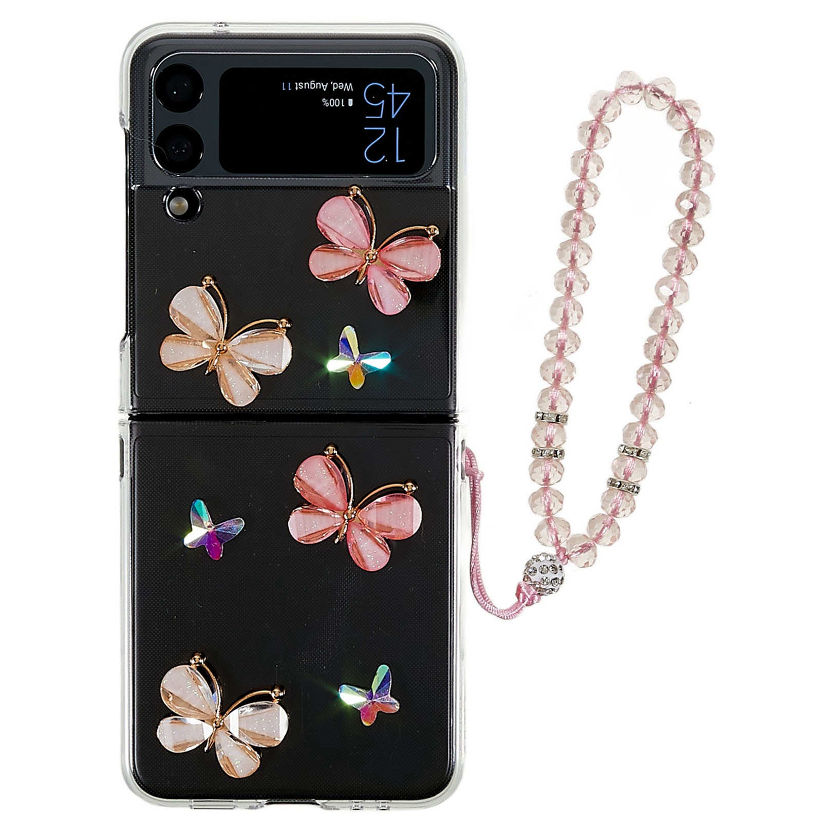 

For Samsung Galaxy Z Flip4 5G Butterflies Rhinestone Shiny Back Case Shockproof Hard PC Folding Phone Cover with Bracelet Strap, Galaxy Z Flip4 5G