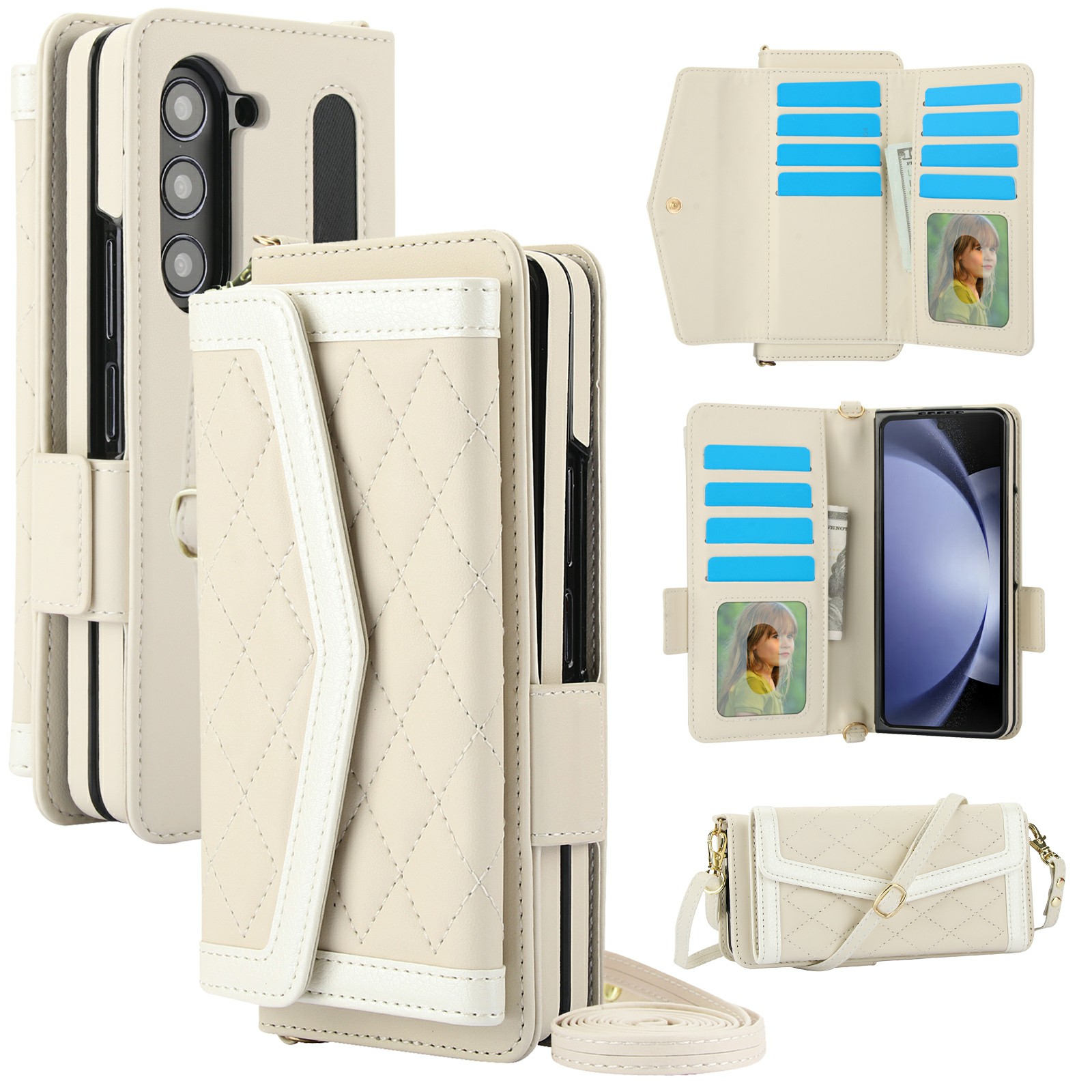 For Samsung Galaxy Z Fold5 5G Case Quilted Design PU Leather Wallet Phone Cover with Shoulder Strap - Beige