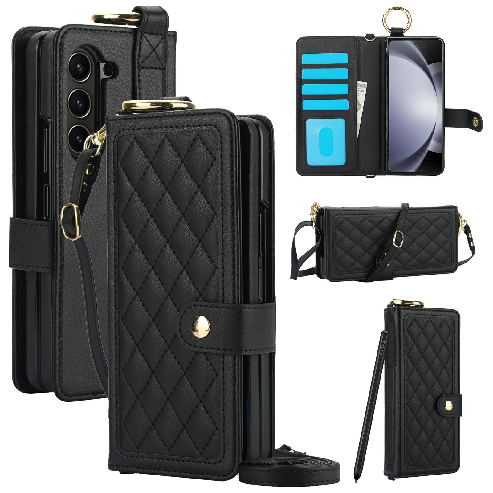 For Samsung Galaxy Z Fold5 5G Case Quilted Design Ring Holder Leather Wallet Phone Cover with Shoulder Strap - Black