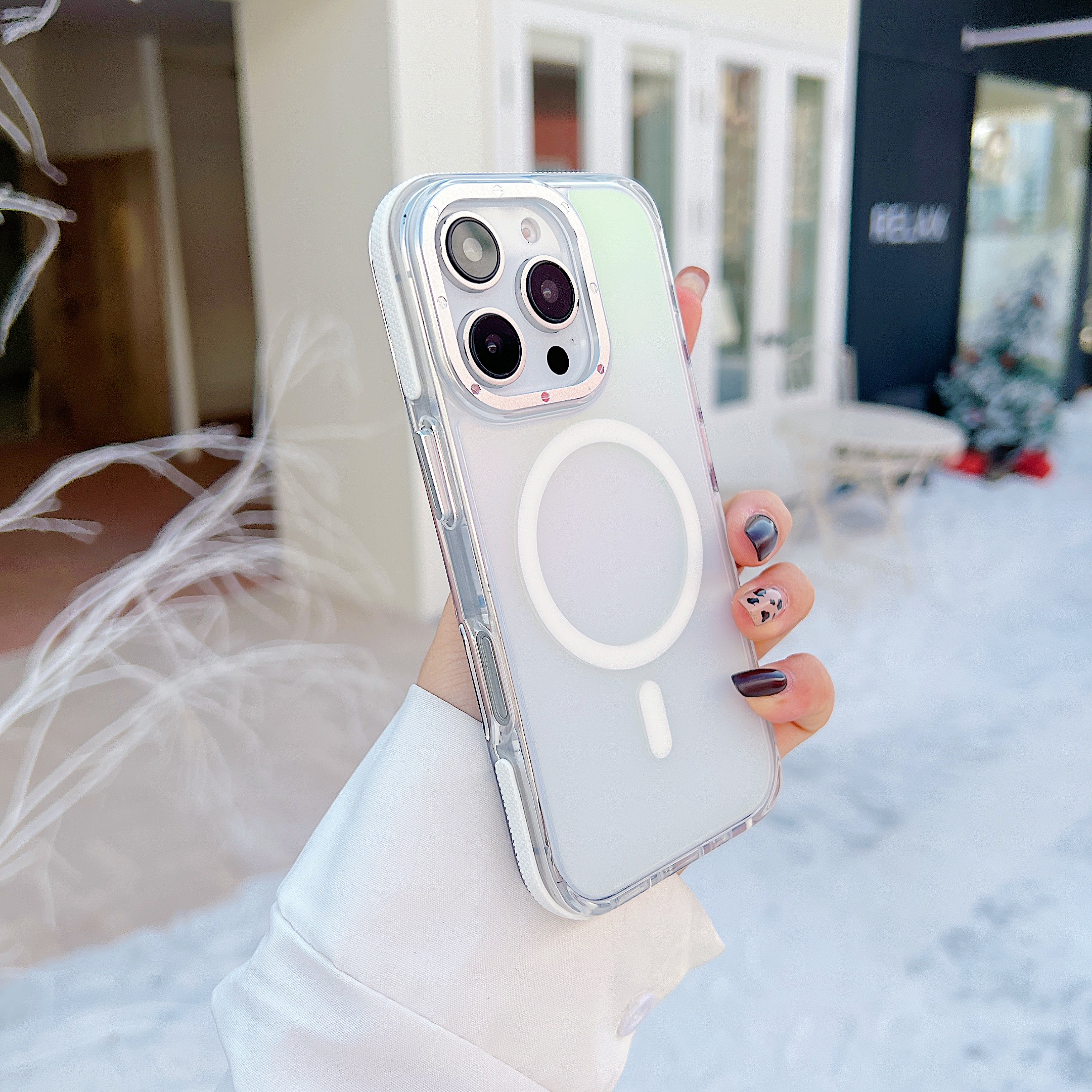 For iPhone 16 Pro Case Compatible with MagSafe Cute Fluorescent Design TPU Acrylic Phone Back Cover - White
