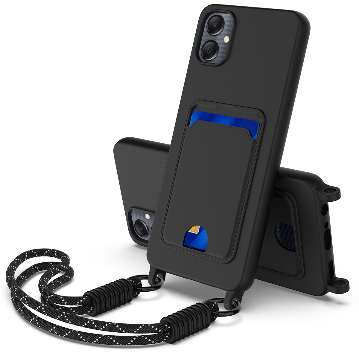 For Samsung Galaxy F05 / Galaxy M05 4G / Galaxy A05 4G Liquid Silicone Case  Phone Back Cover with Card Holder and Short Strap - Black