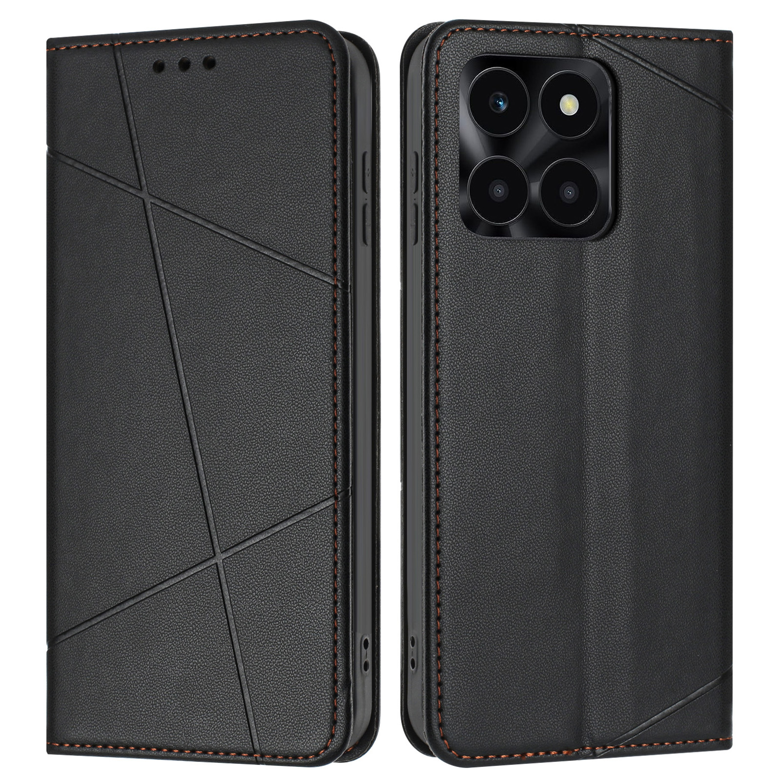Wallet Case for Honor X6c 4G / X6b 4G / X5b / X5b Plus / X6a 4G Line Imprinted Leather Stand Phone Cover with Wrist Strap - Black