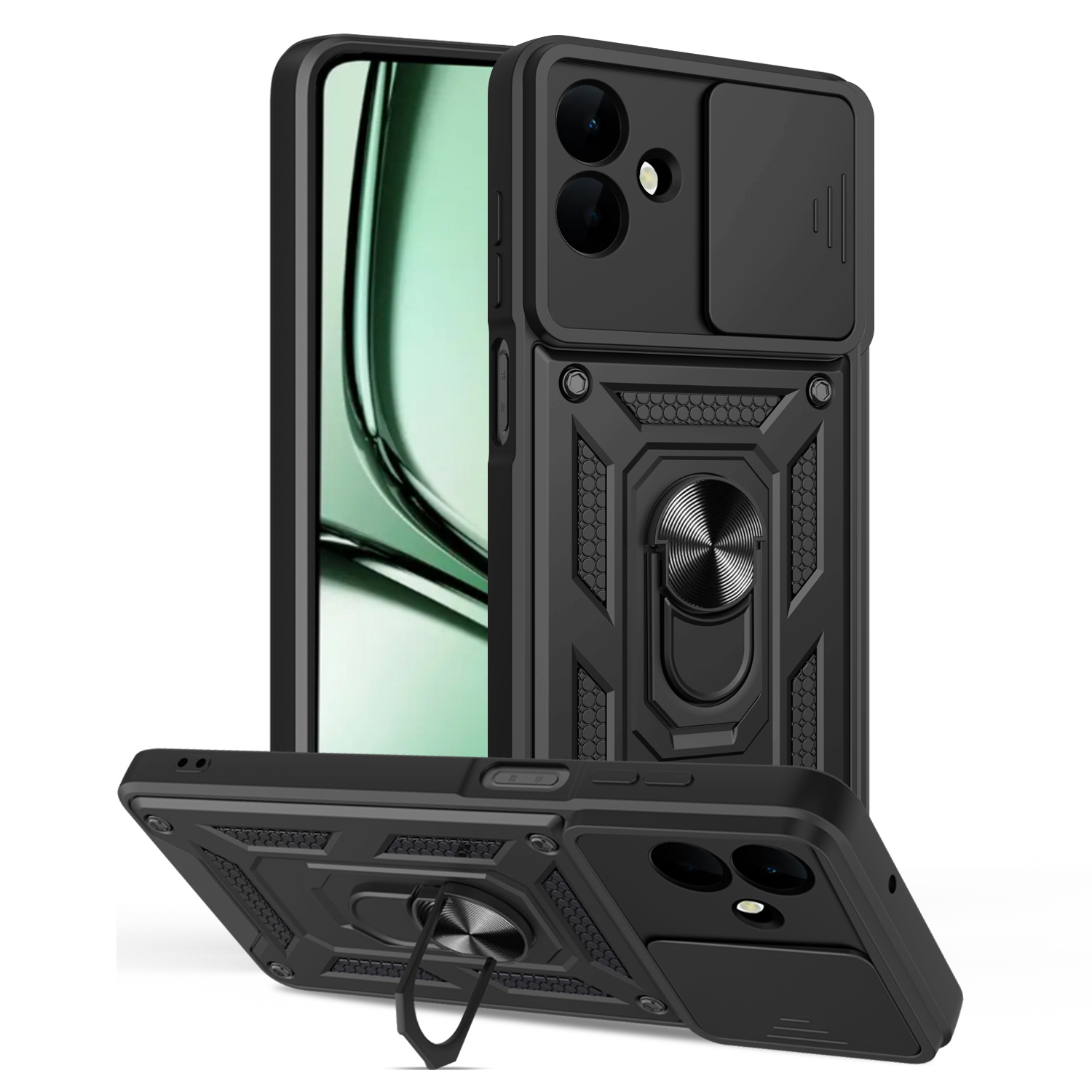 For Samsung Galaxy A07 5G / A07 4G Case with Slide Camera Lid PC + TPU Kickstand Phone Cover - Black