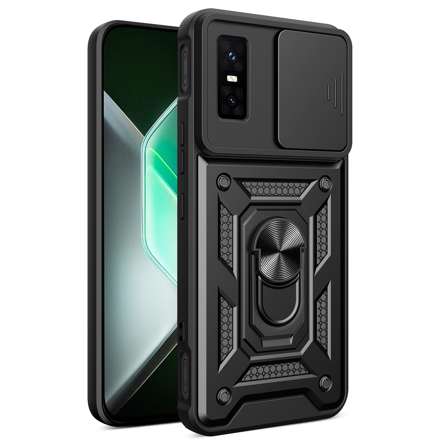 For Infinix GT 30 Pro 5G Case with Slide Camera Lid PC + TPU Kickstand Phone Cover - Black