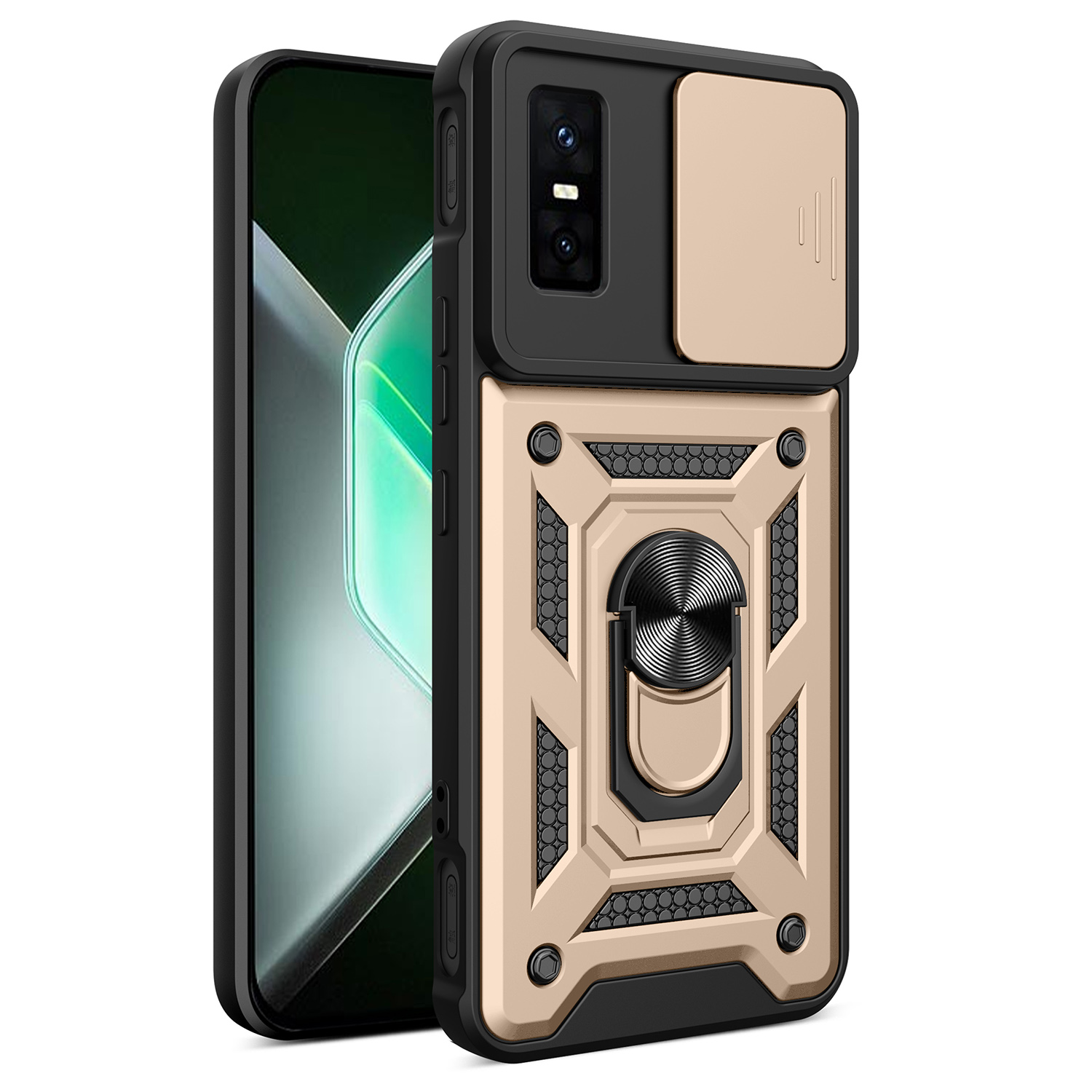 For Infinix GT 30 Pro 5G Case with Slide Camera Lid PC + TPU Kickstand Phone Cover - Gold