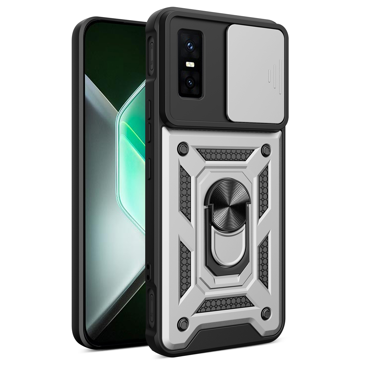 For Infinix GT 30 Pro 5G Case with Slide Camera Lid PC + TPU Kickstand Phone Cover - Silver