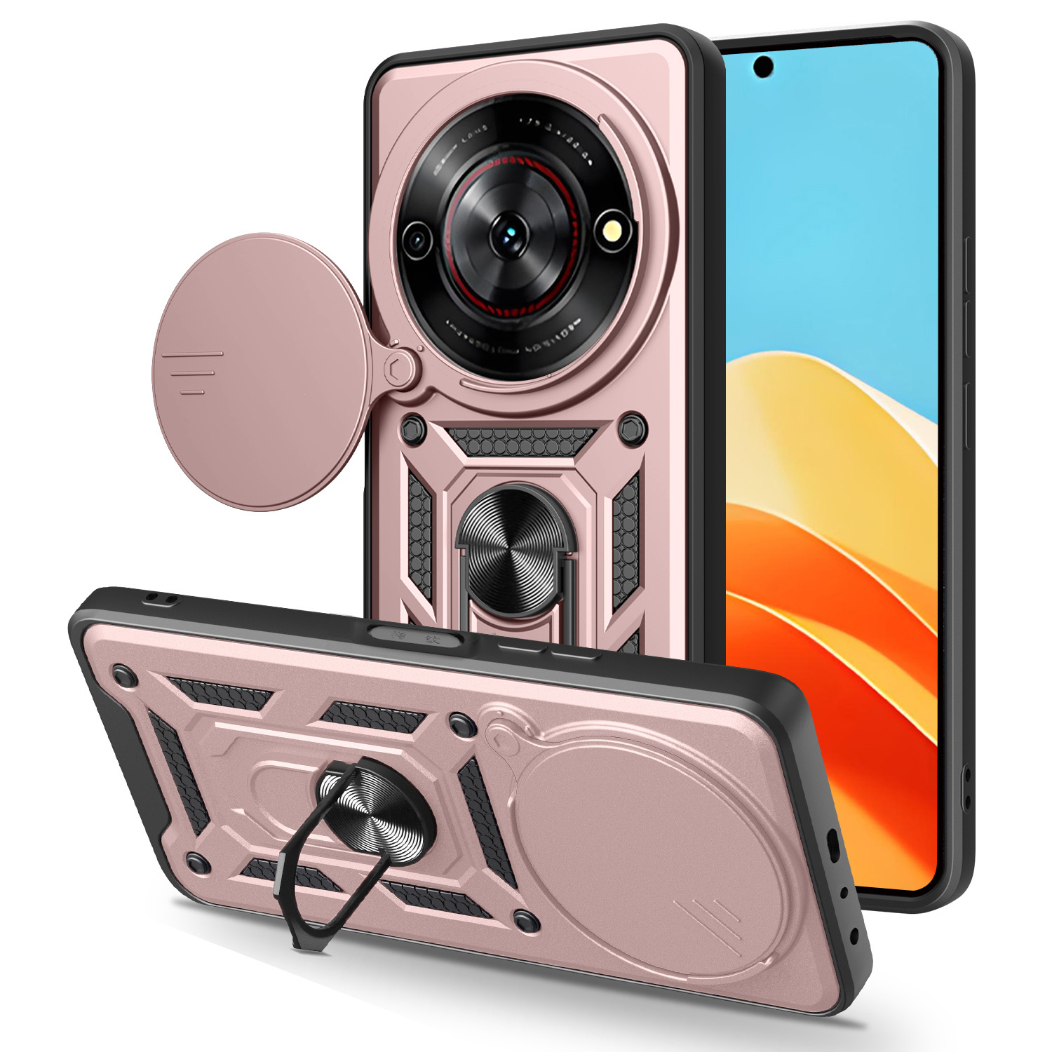 For ZTE nubia Focus  /  Blade A75 5G Case with Slide Camera Lid PC + TPU Kickstand Phone Cover - Rose Gold