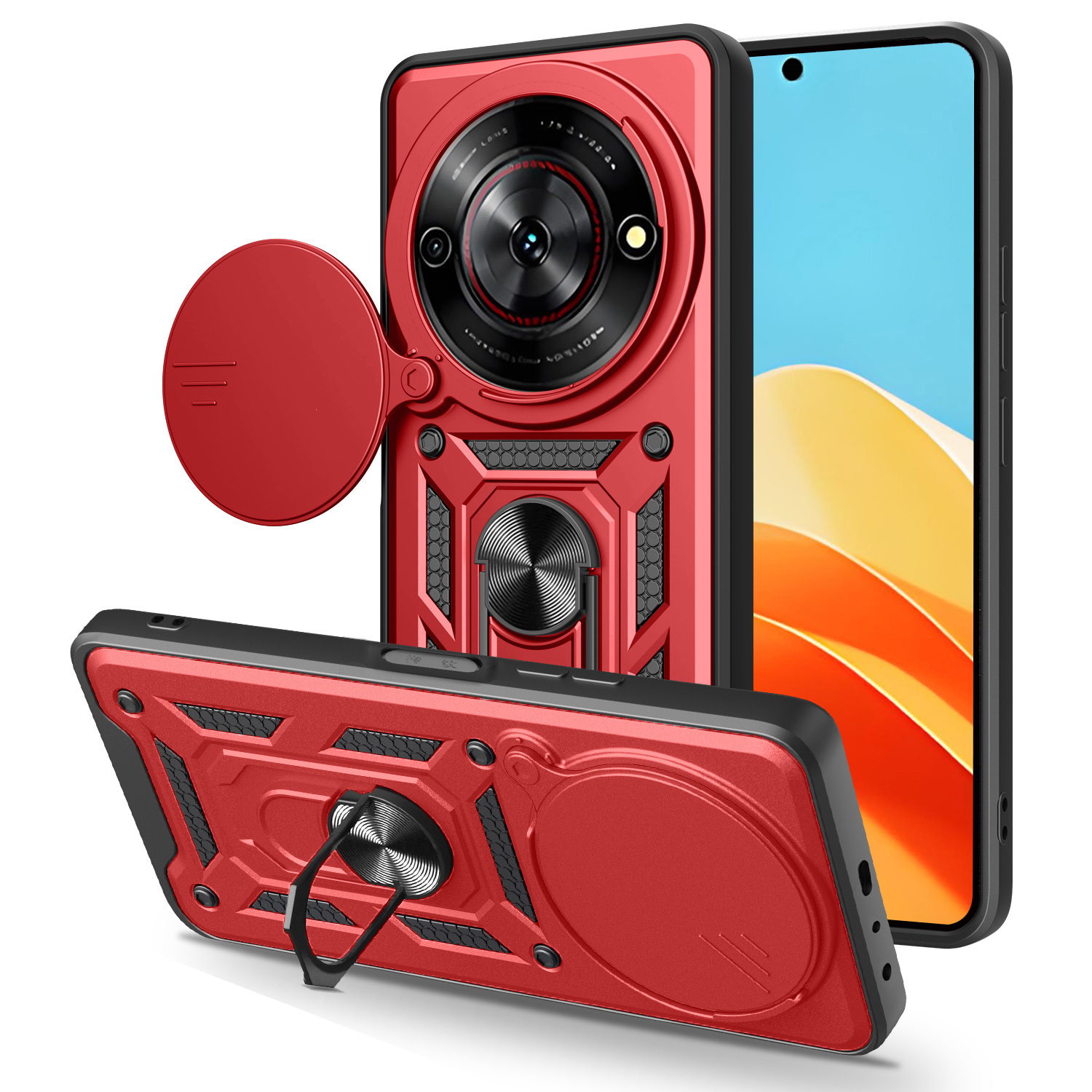 For ZTE nubia Focus  /  Blade A75 5G Case with Slide Camera Lid PC + TPU Kickstand Phone Cover - Red