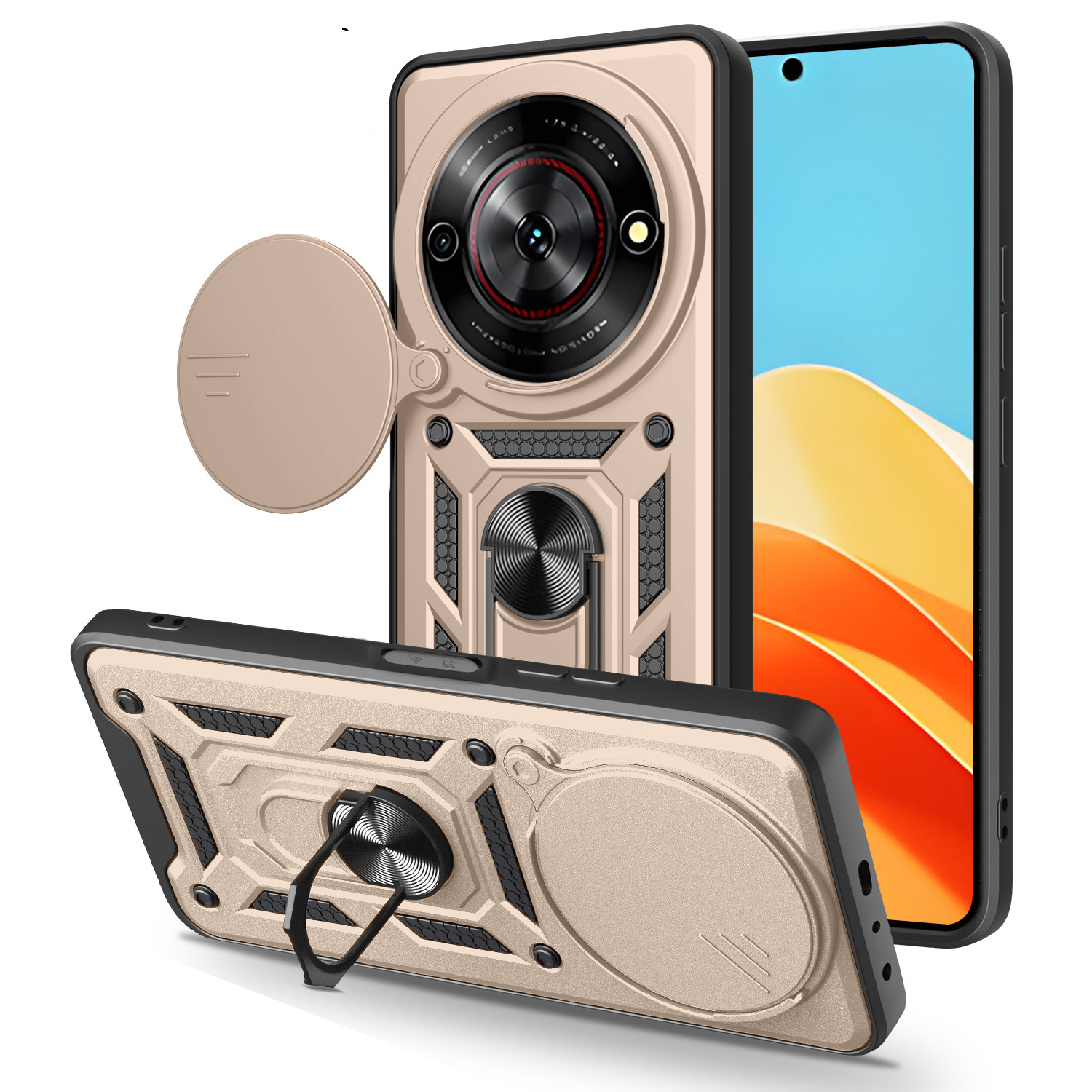 For ZTE nubia Focus  /  Blade A75 5G Case with Slide Camera Lid PC + TPU Kickstand Phone Cover - Gold