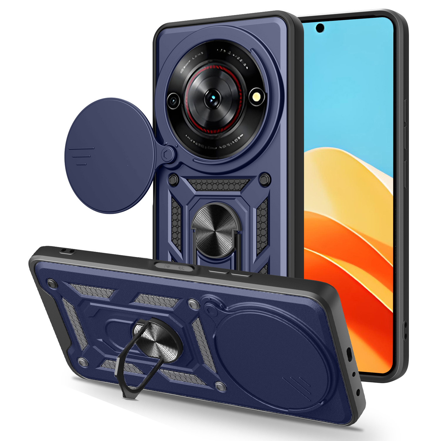 For ZTE nubia Focus  /  Blade A75 5G Case with Slide Camera Lid PC + TPU Kickstand Phone Cover - Blue