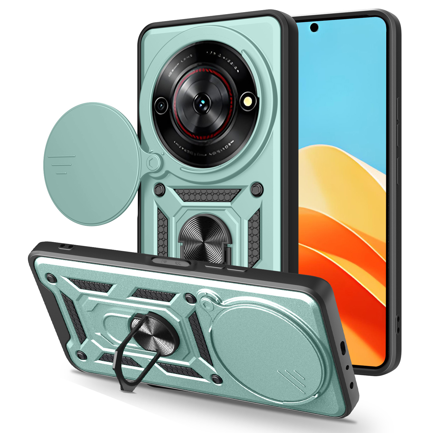 For ZTE nubia Focus  /  Blade A75 5G Case with Slide Camera Lid PC + TPU Kickstand Phone Cover - Green