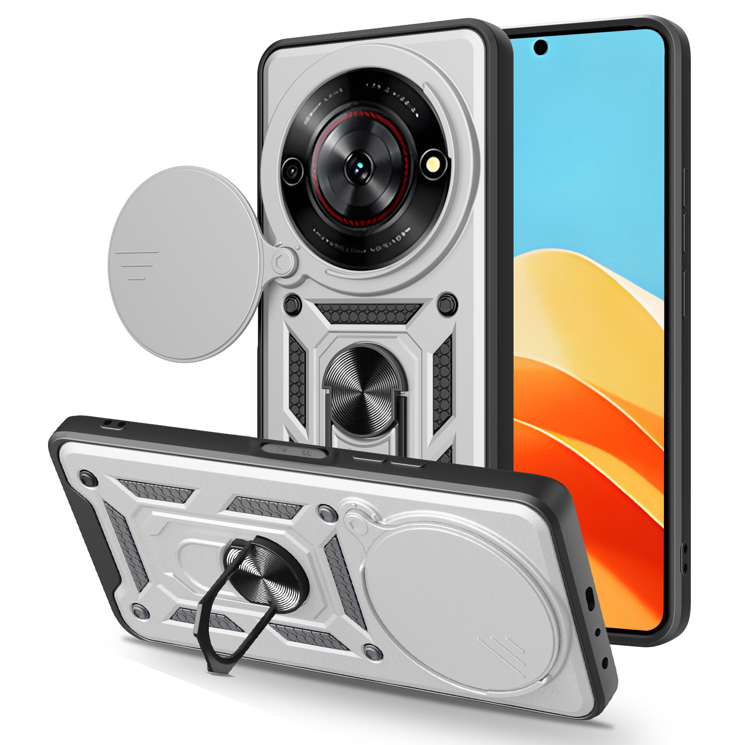 For ZTE nubia Focus  /  Blade A75 5G Case with Slide Camera Lid PC + TPU Kickstand Phone Cover - Silver