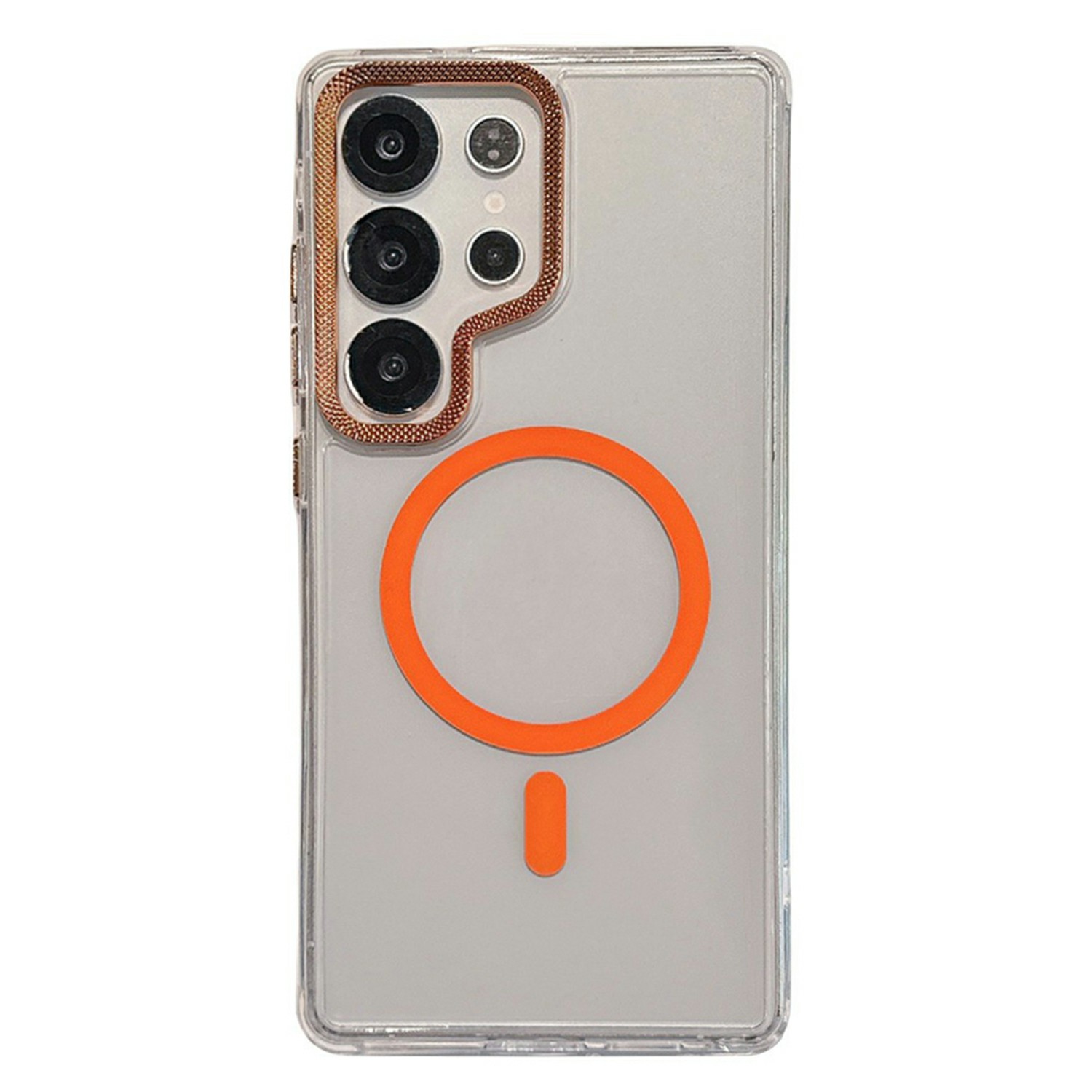 For Samsung Galaxy S24 Ultra Magnetic Case PC + TPU Clear Phone Cover with Diamond Texture Lens Frame - Orange