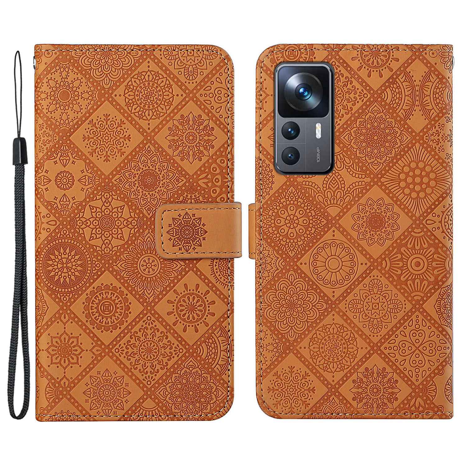

Für Xiaomi 12T 5G / 12t Pro 5g / Redmi K50 Ultra 5G Magnet Verschluss Ethnisch Geprägter Blumenbrieftasche Freisprecheinsatz Lederhülle Mit Riemen - Braun, Xiaomi 12T 5G
