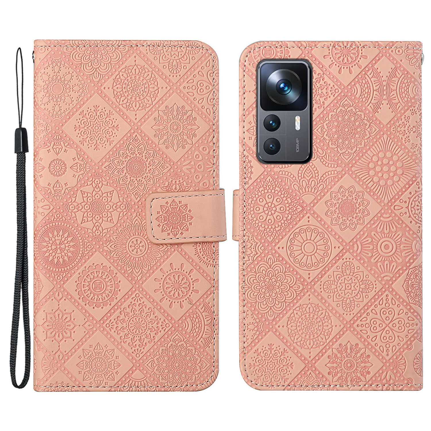 

Für Xiaomi 12T 5G / 12t Pro 5g / Redmi K50 Ultra 5G Magnet Verschluss Ethnisch Geprägter Blumenbrieftasche Freisprecheinsatz Lederhülle Mit Riemen - Rosa, Xiaomi 12T 5G