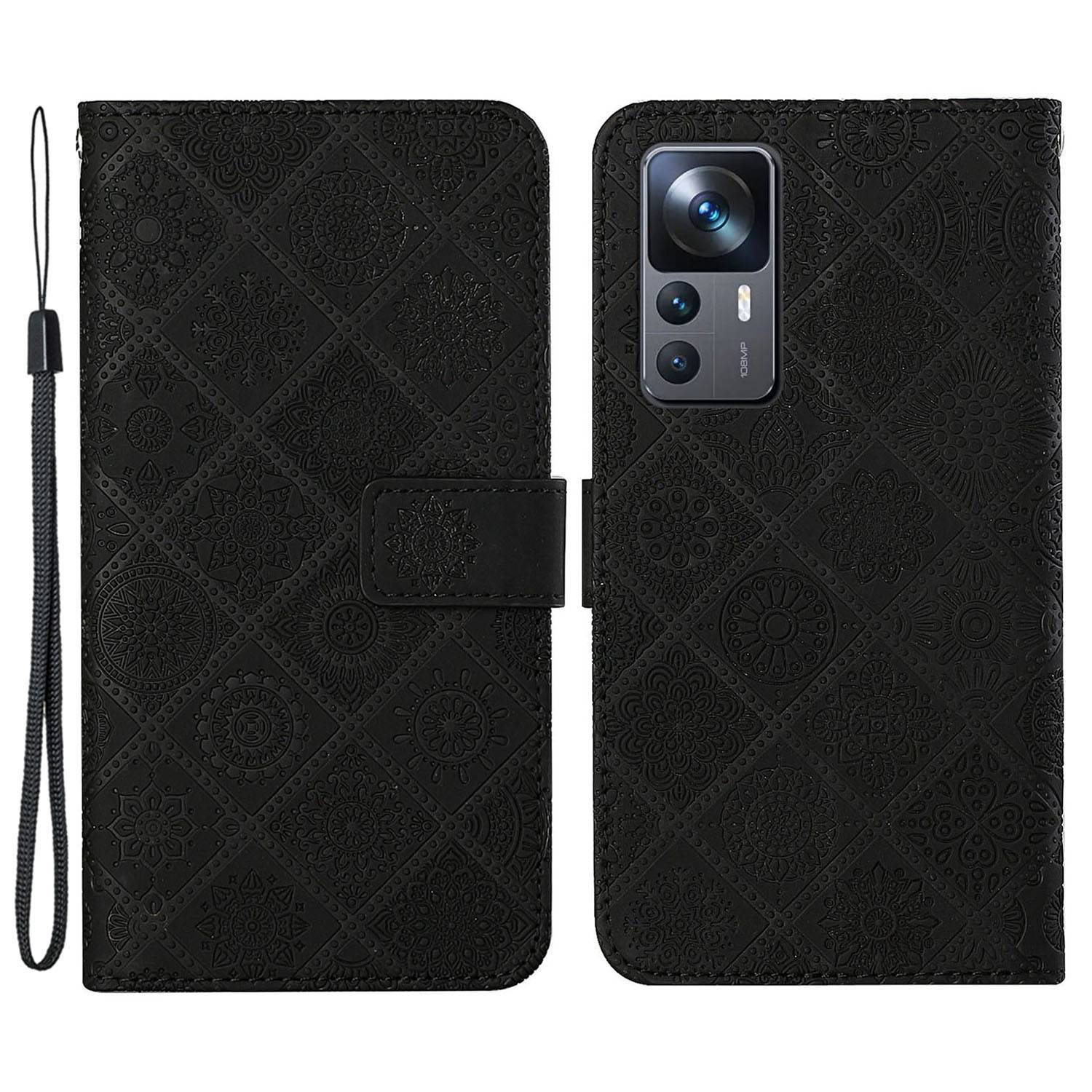 

Für Xiaomi 12T 5G / 12t Pro 5g / Redmi K50 Ultra 5G Magnet Verschluss Ethnisch Geprägter Blumenbrieftasche Freisprecheinsatz Lederhülle Mit Riemen - Schwarz, Xiaomi 12T 5G