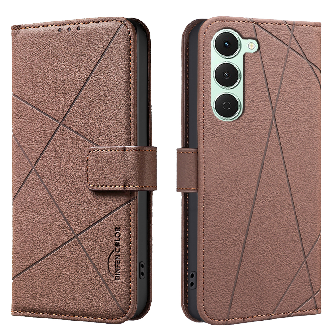 BINFEN COLOR For TECNO Spark 40 Pro 4G Case  BF35 Geometry Imprinted Leather Phone Cover RFID Blocking Wallet Stand - Brown