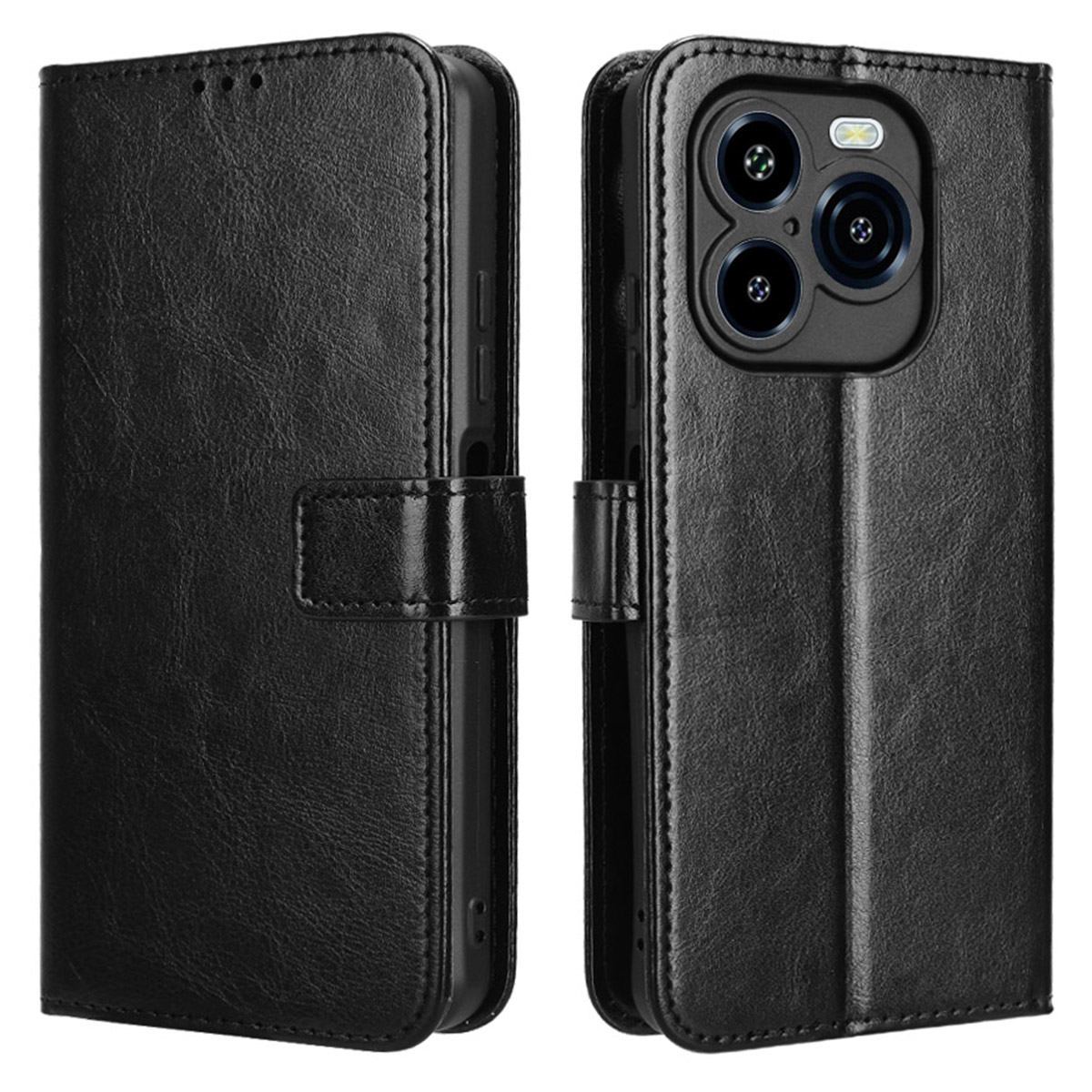 For Oukitel C65 / C65 Pro Case Crazy Horse Texture PU Leather Phone Wallet Cover with Wrist Strap - Black