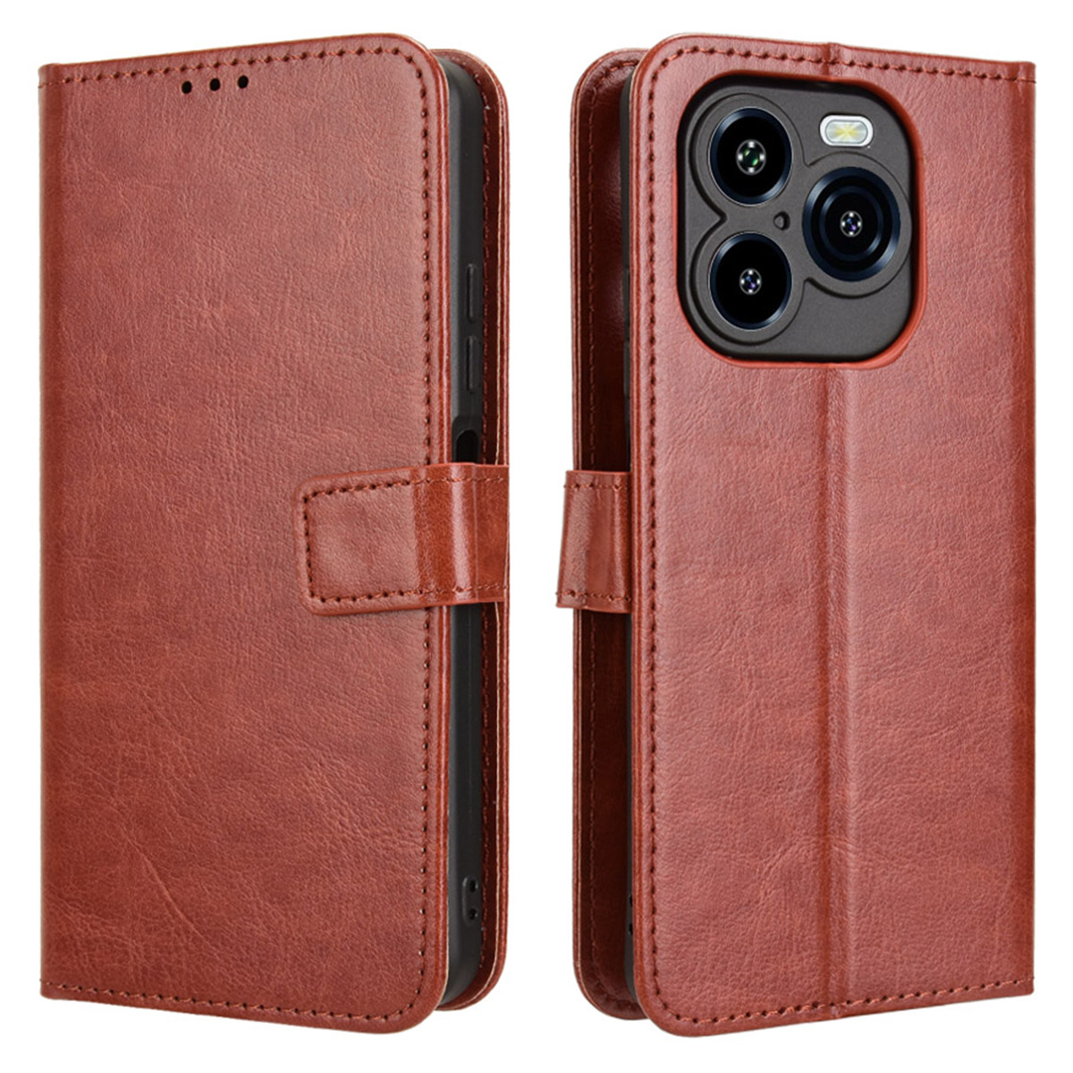 For Oukitel C65 / C65 Pro Case Crazy Horse Texture PU Leather Phone Wallet Cover with Wrist Strap - Brown