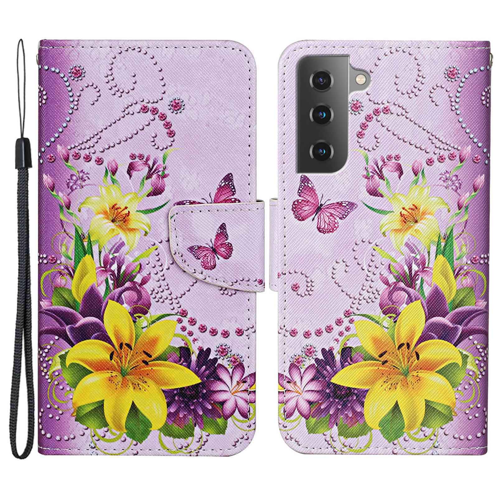 

Печатная Печать Телефона Для Samsung Galaxy S23, Cross Texture Anti-scratch PU - Желтые Цветы / Бабочки, Galaxy S23
