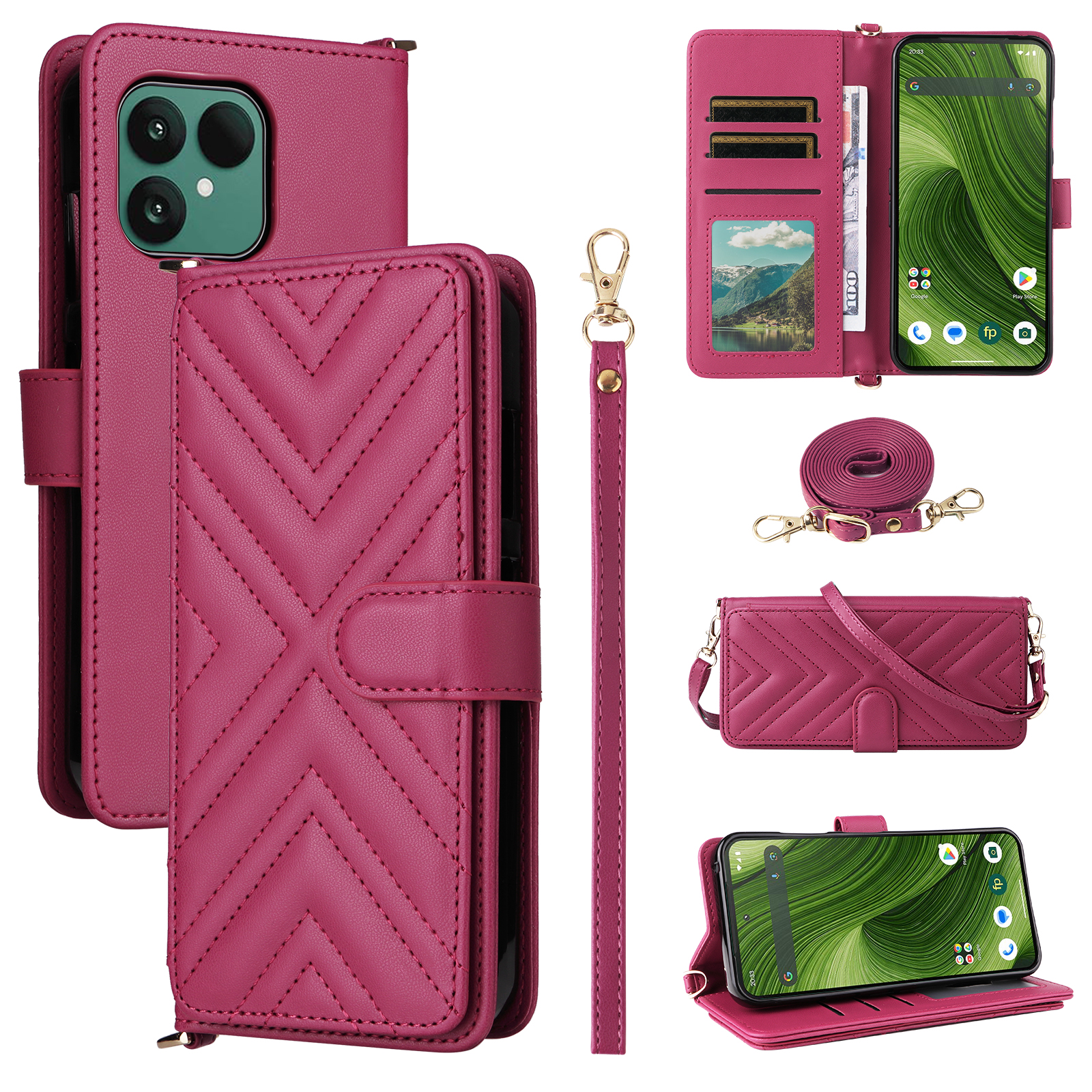 For Fairphone 6 Case with Shoulder / Wrist Strap Leather Phone Cover Stand Wallet - Rose