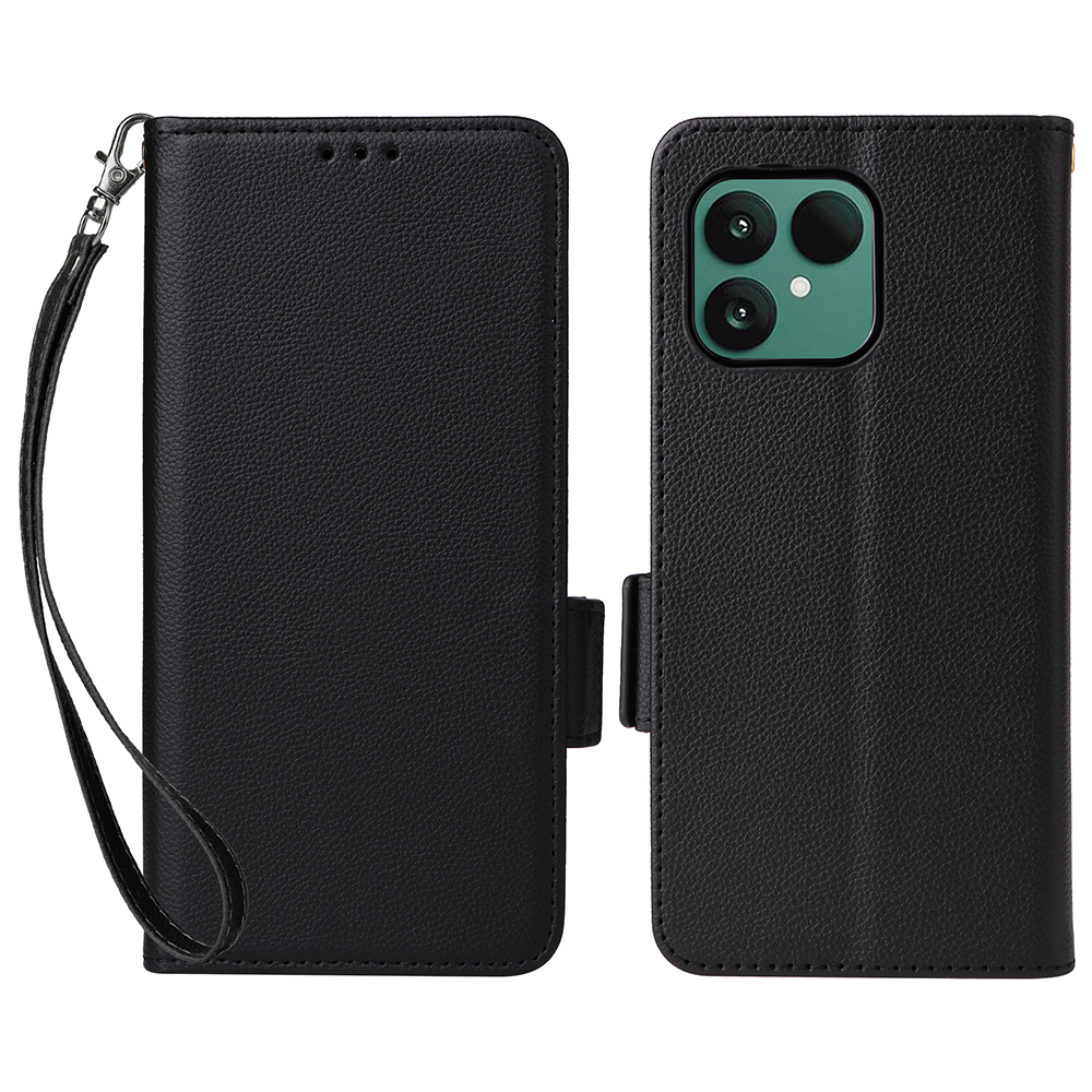 For Fairphone 6 Case with Wrist Strap Litchi Texture PU Leather Wallet Phone Cover - Black